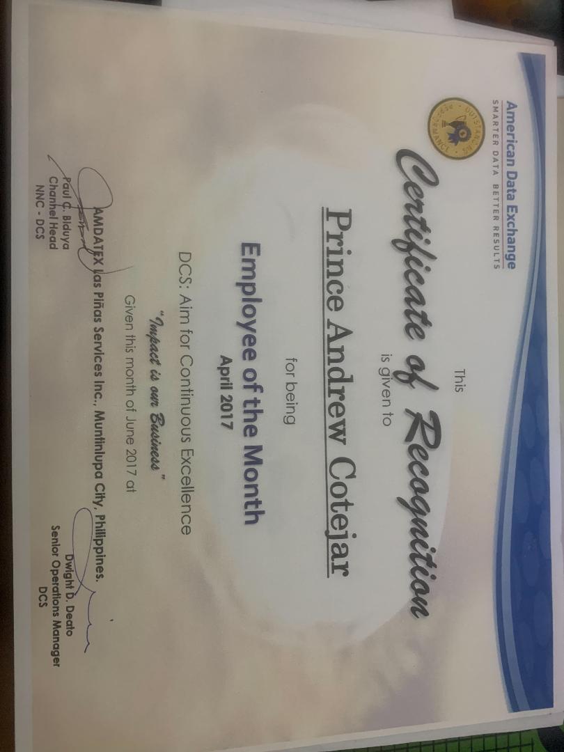 Amdatex Certificate of Recognition April 2017