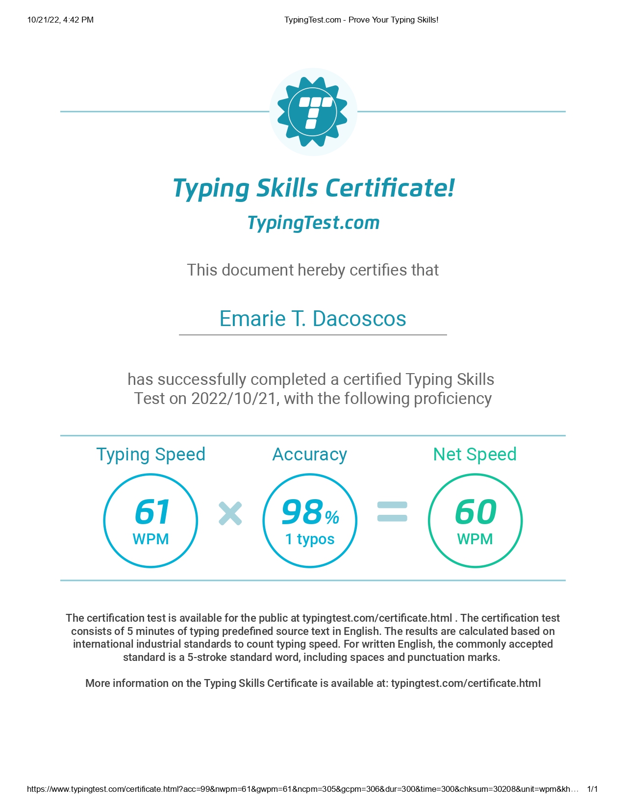 Typing Skills Certificate