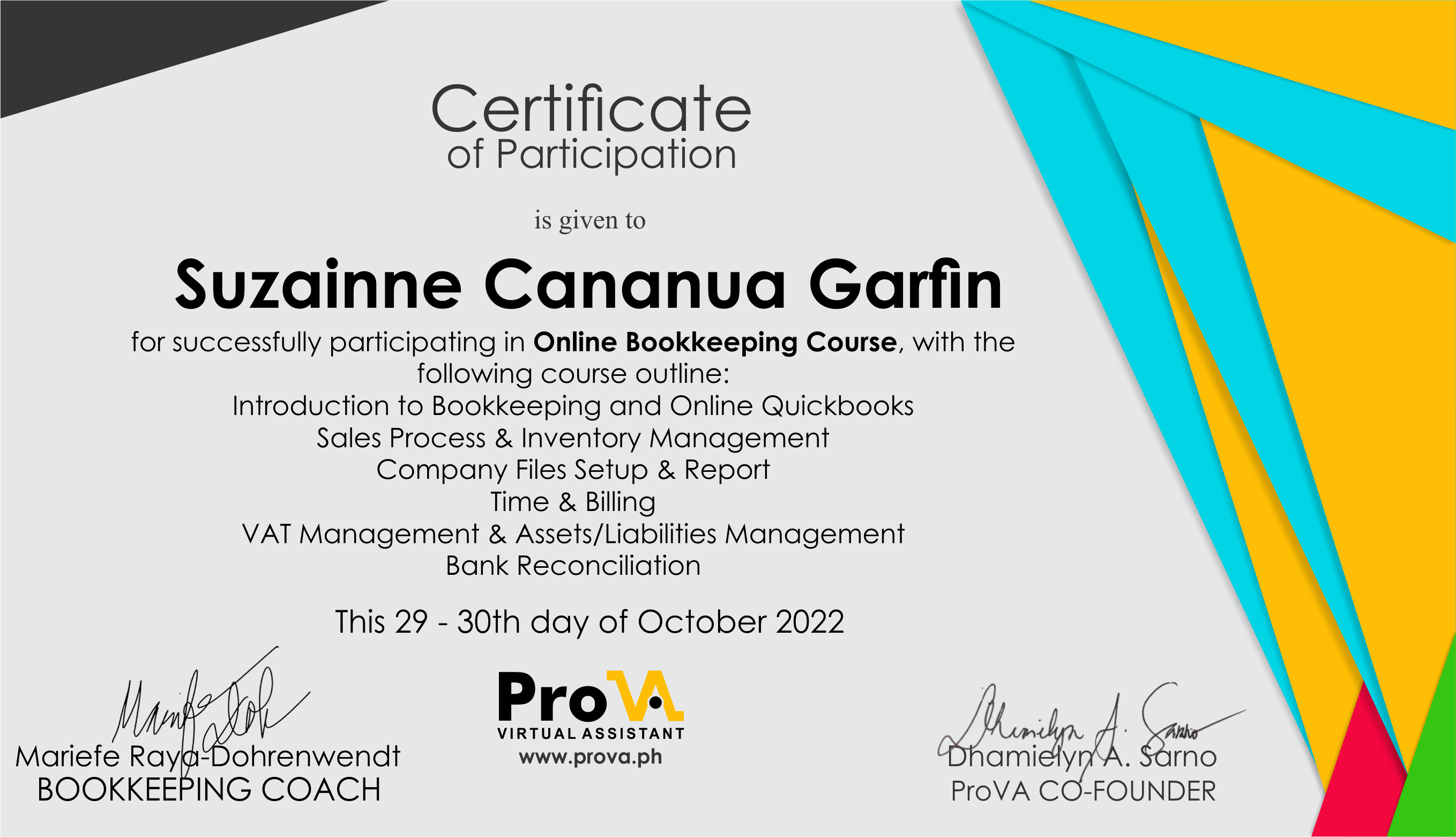 Certificate of Participation Online Bookkeeping and Online Quicbooks