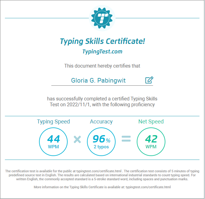 Typing Skills Certificate