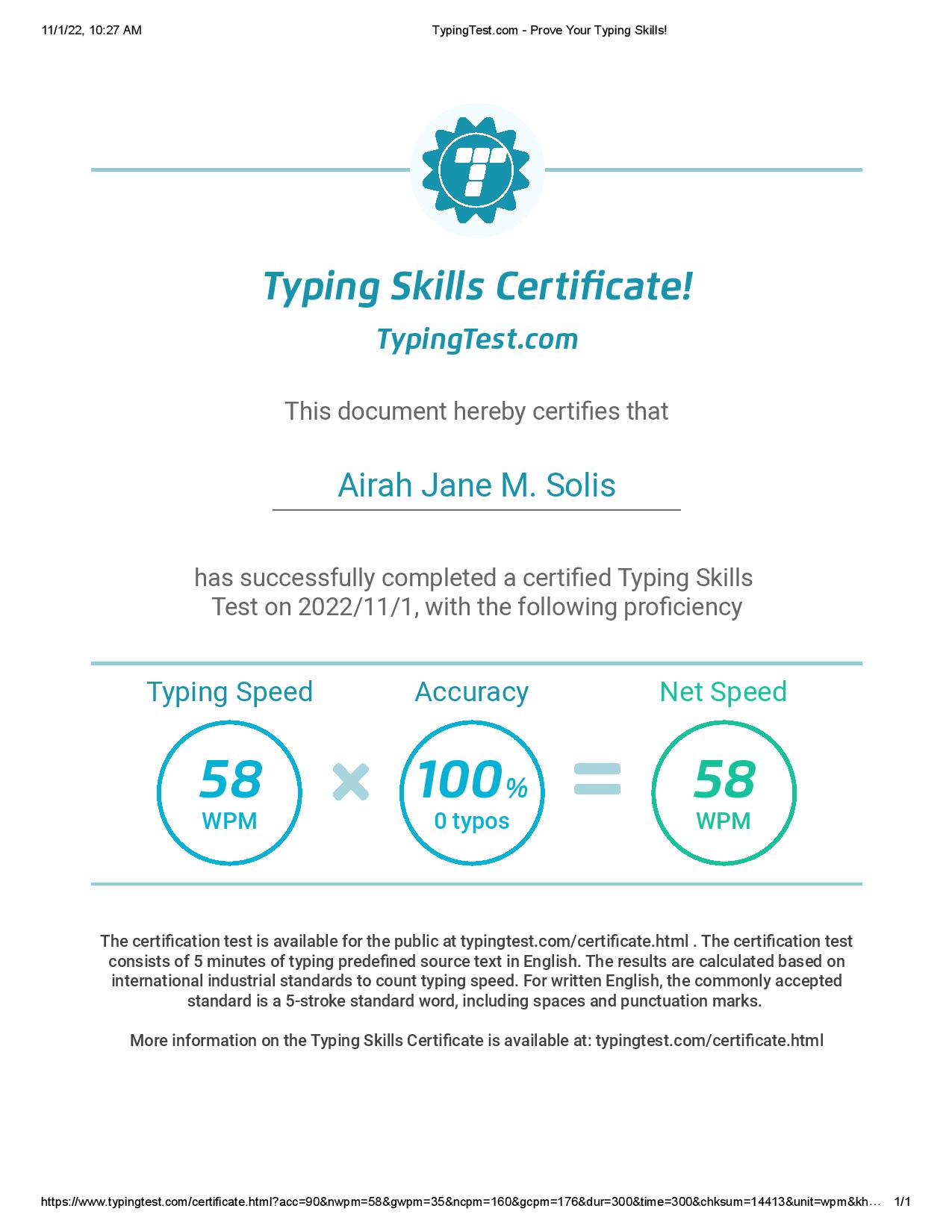 Typing Certificate