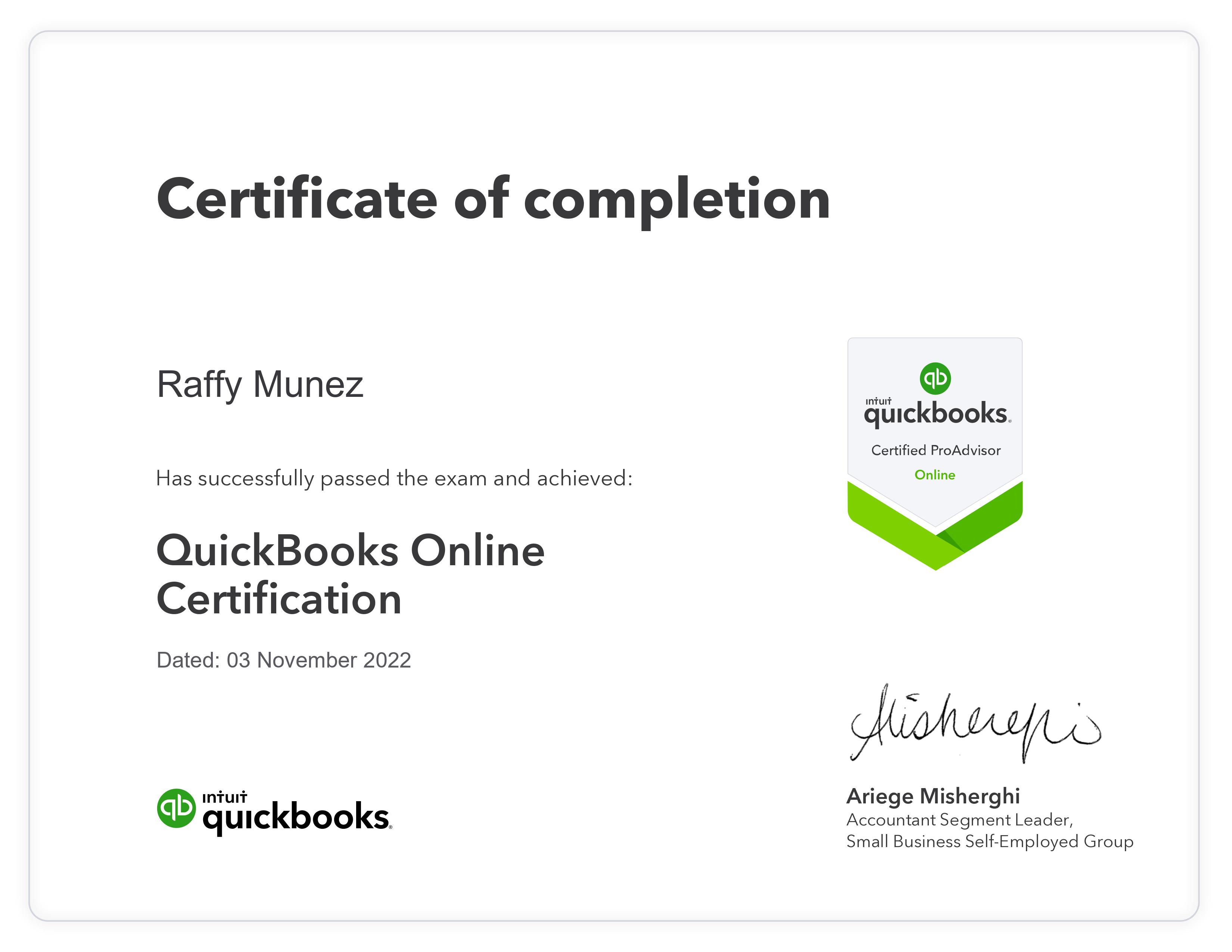 Quickbooks Online Pro Advisor Certificate