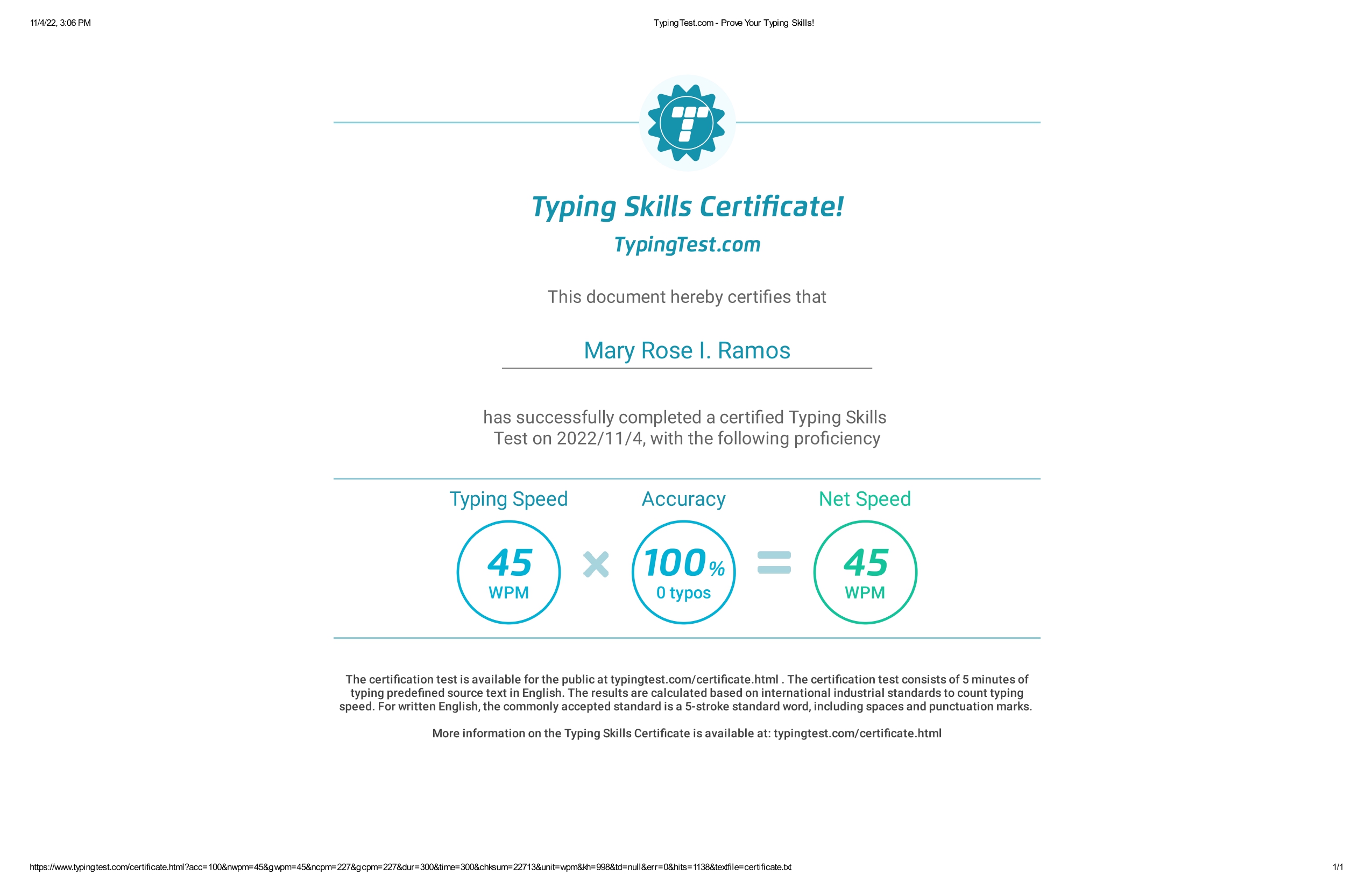 Typing Test Certificate