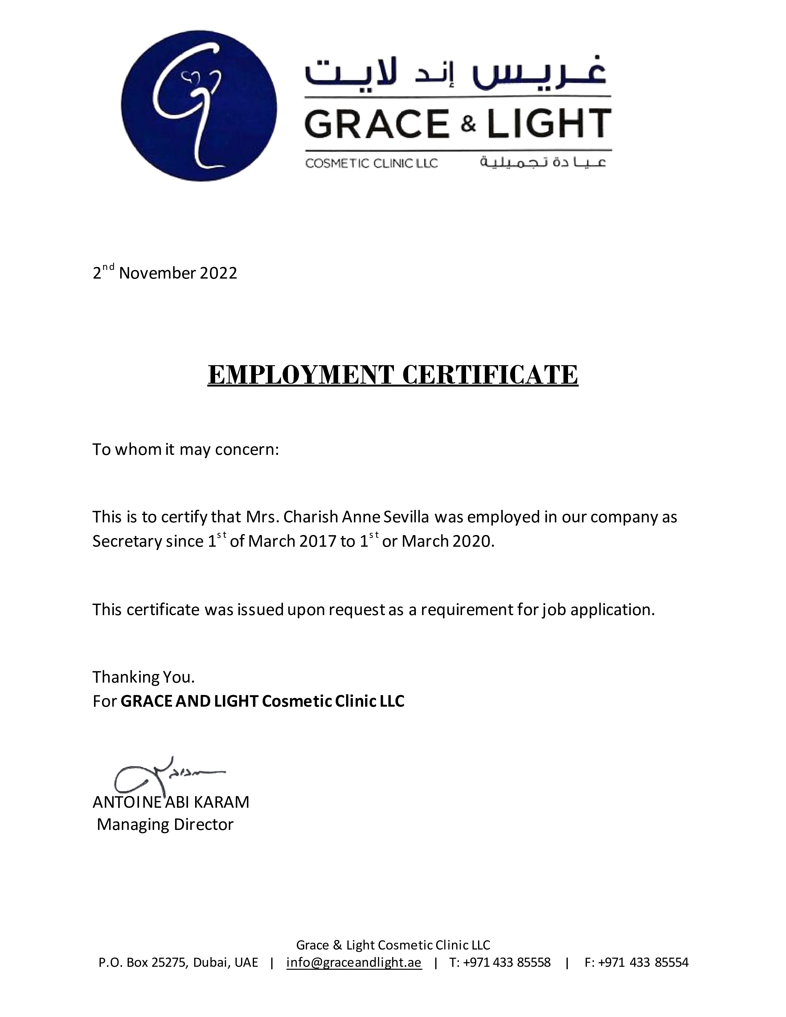 Grace and Light Employment Certificate