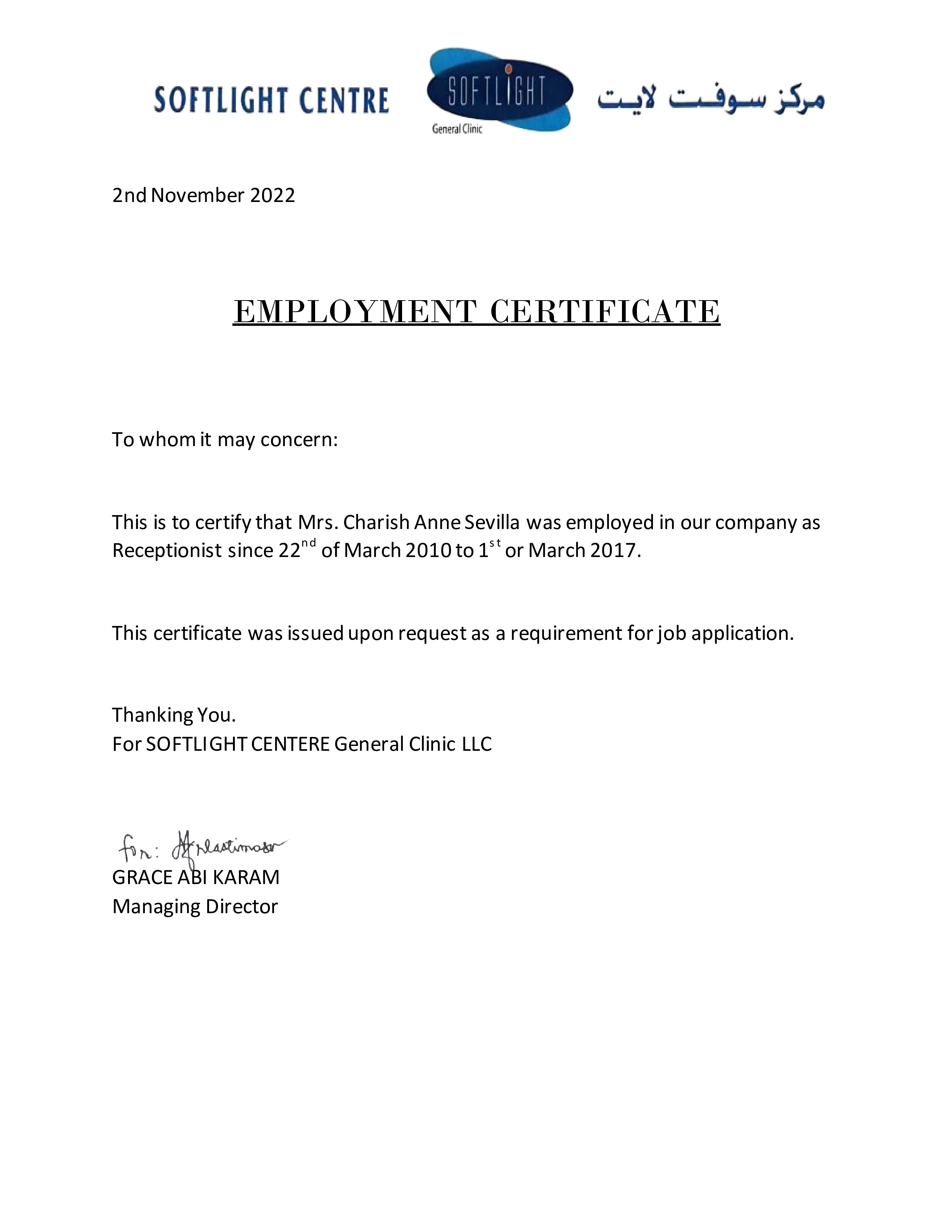 Softlight Centre Employment Certificate