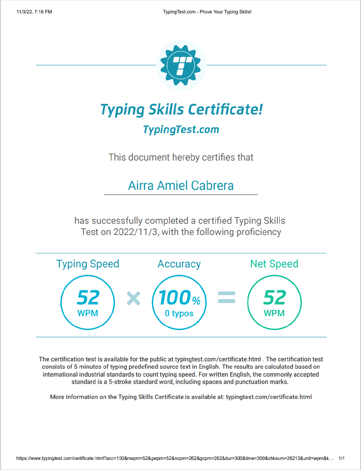 TYPING SKILLS CERTIFICATE