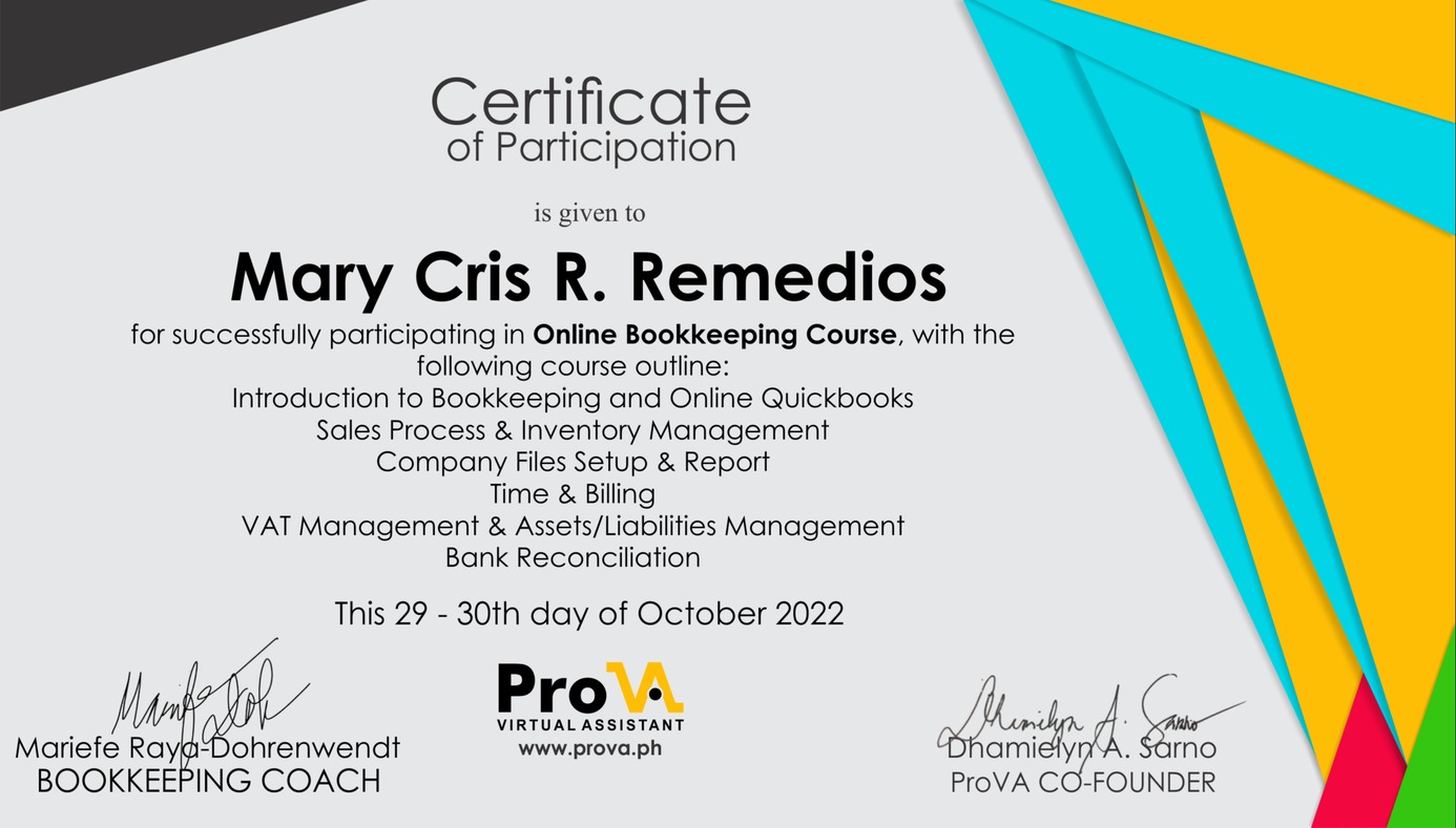 Bookkeeping  Certificate