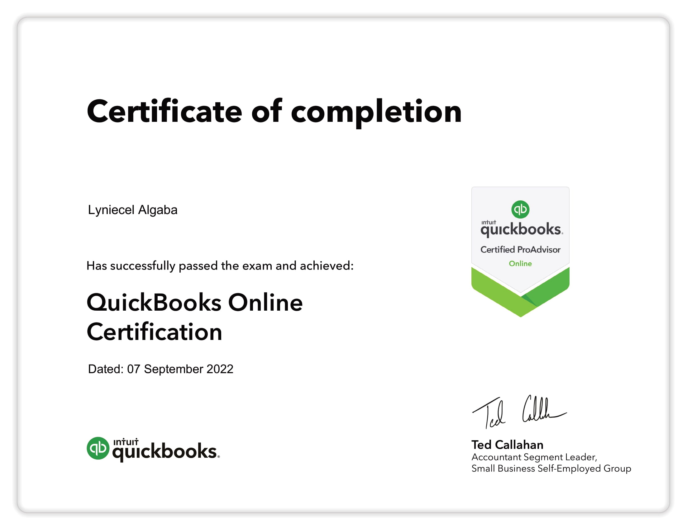 QuickBooks Online Certified ProAdvisor