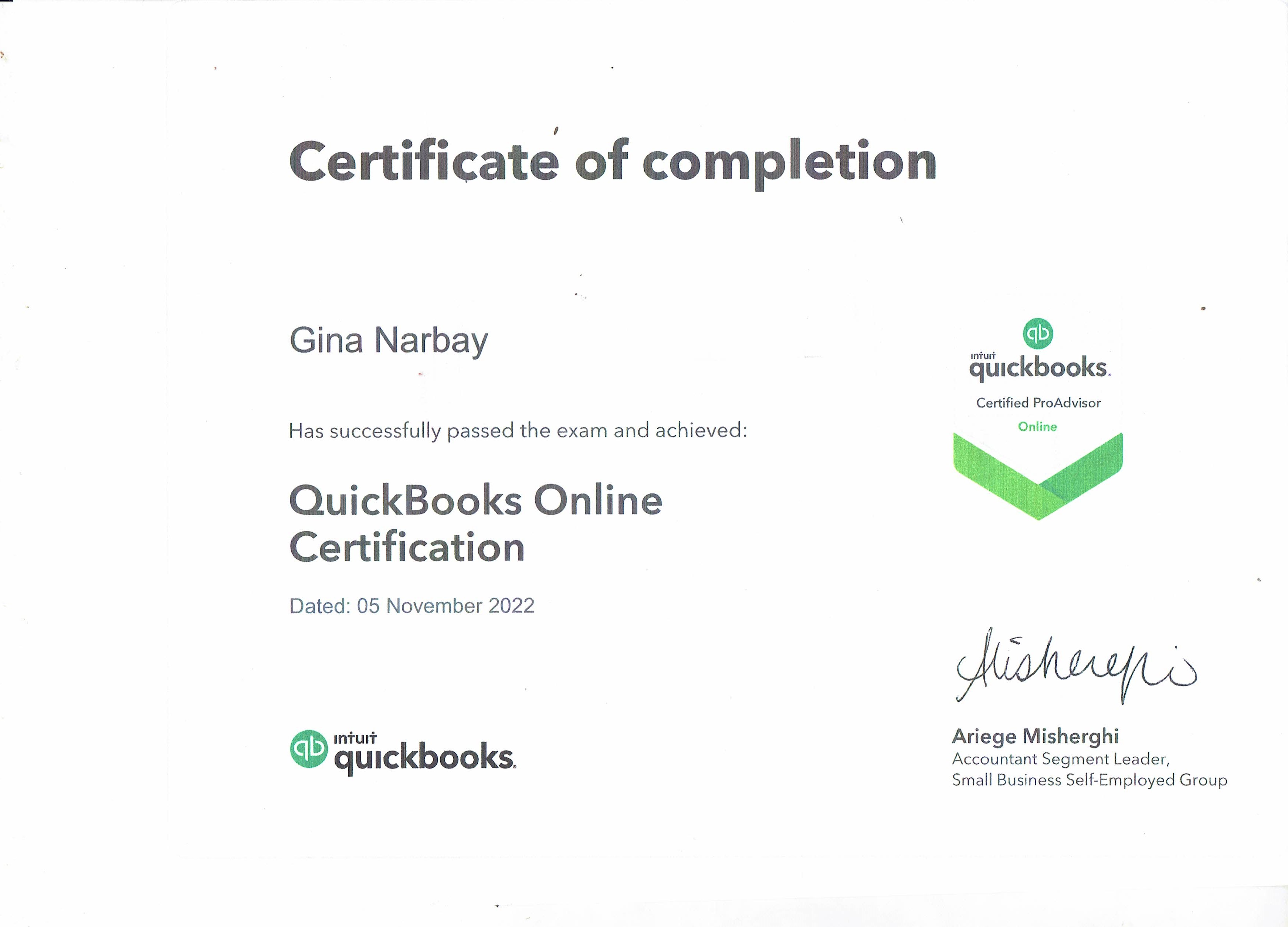 Certification of Completion for QuickBooks Online