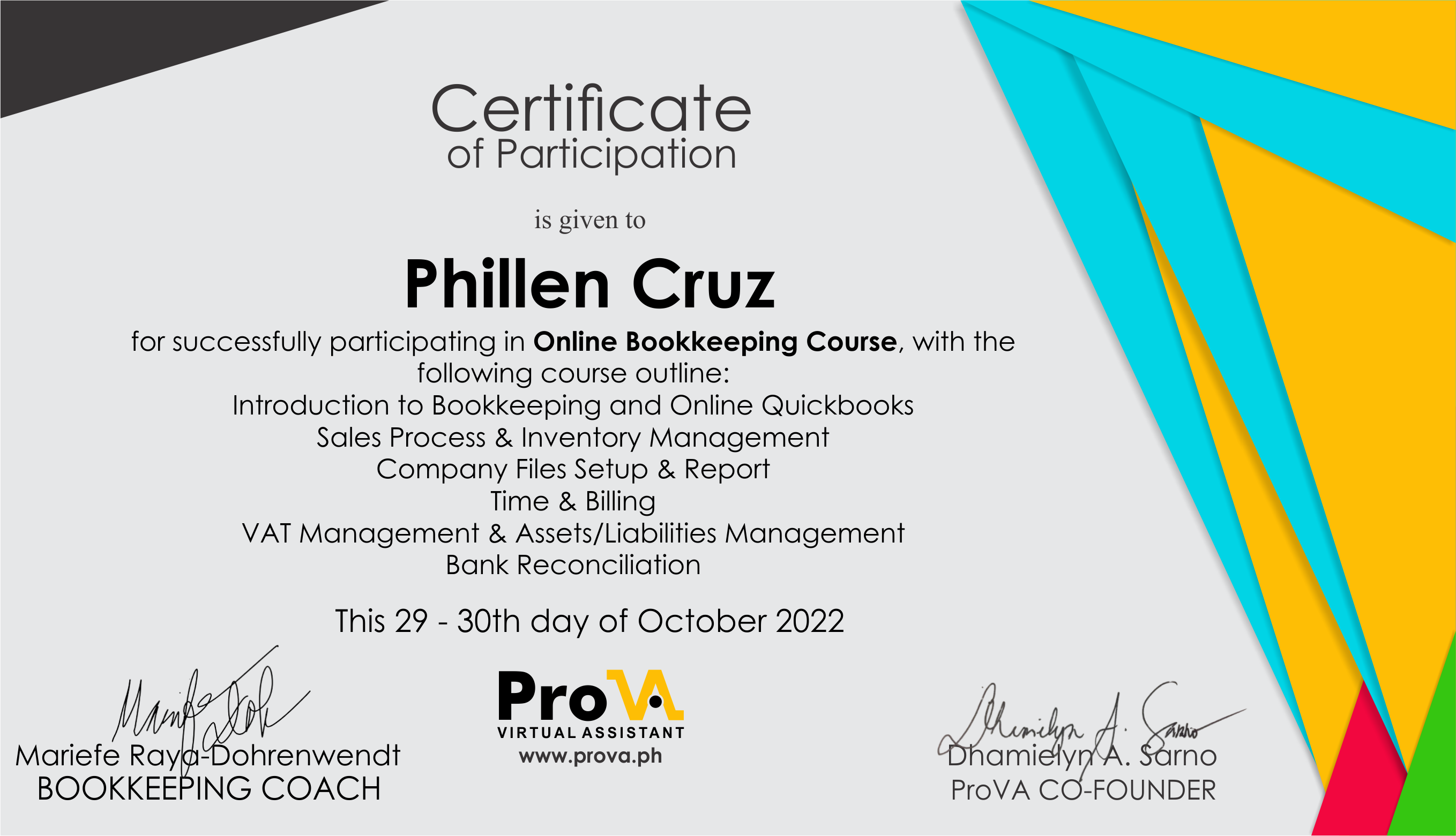 Online Bookkeeping Course Certificate