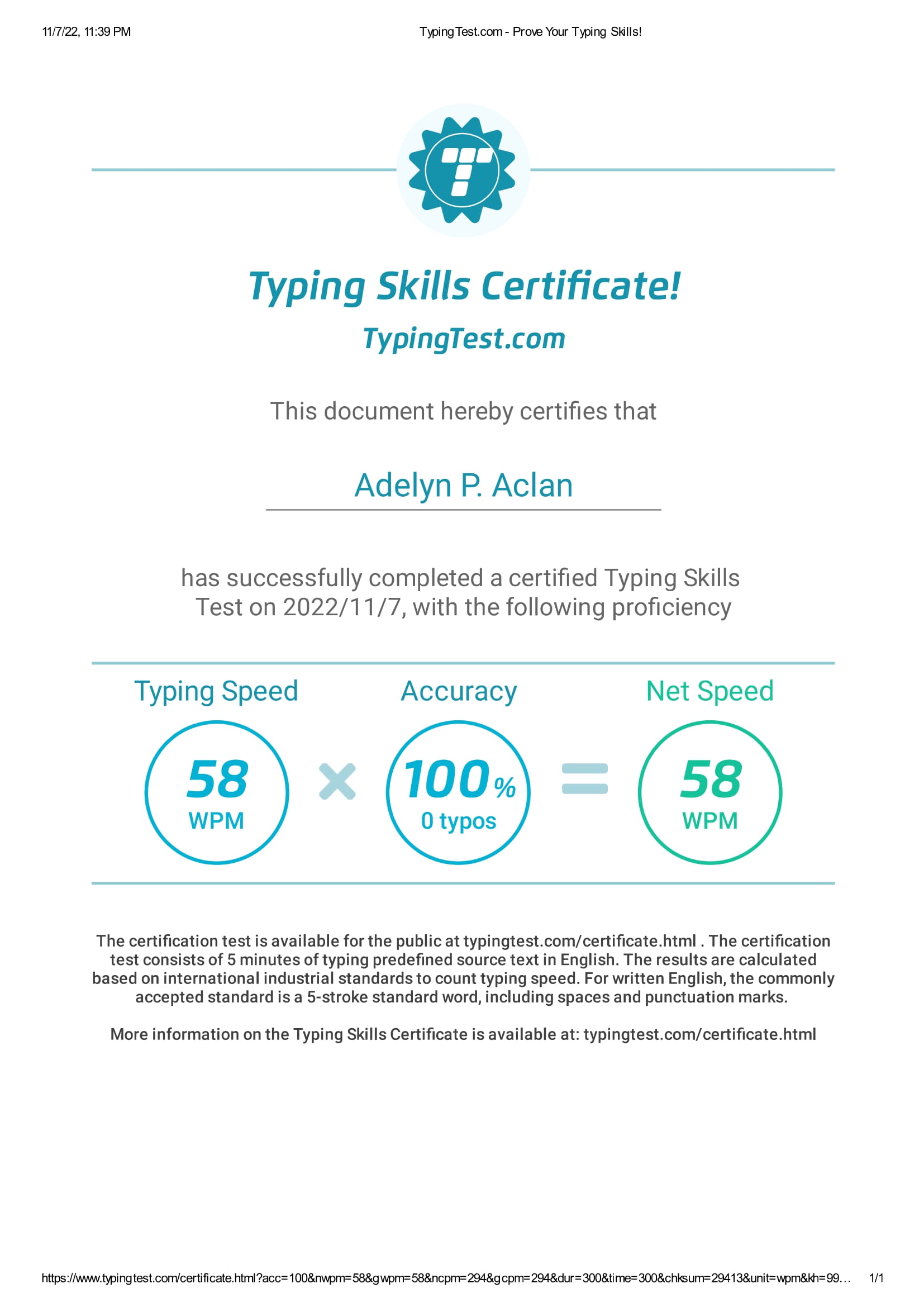 Typing Test Certificate