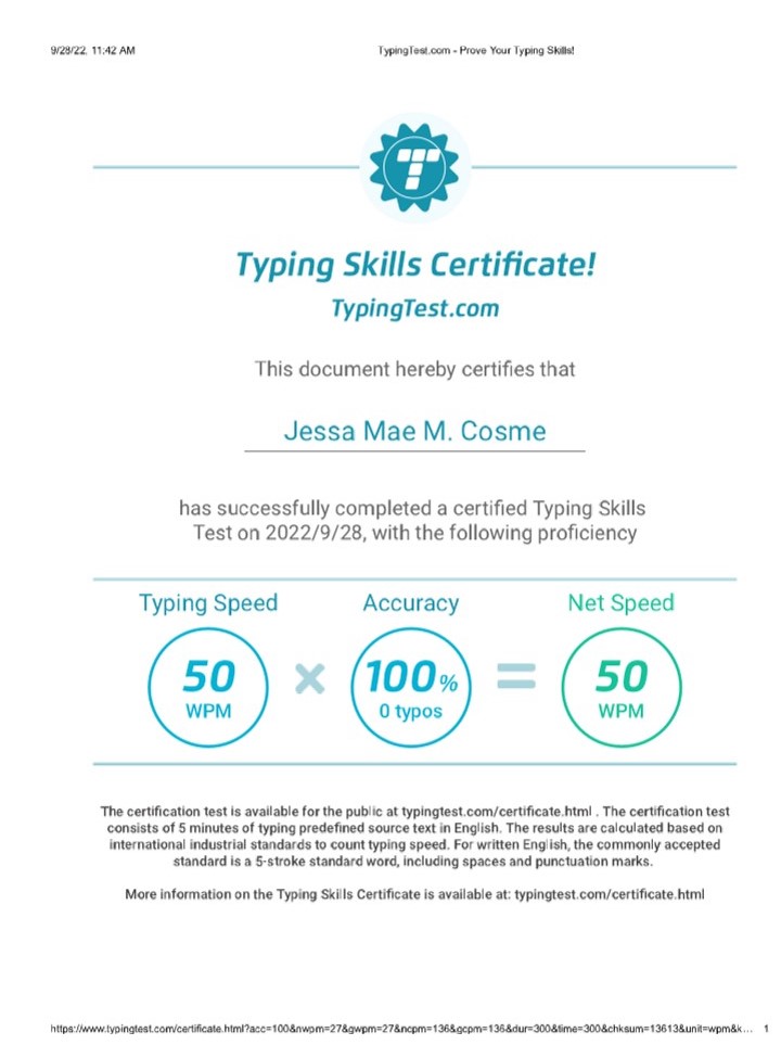 Typing Test Certificate