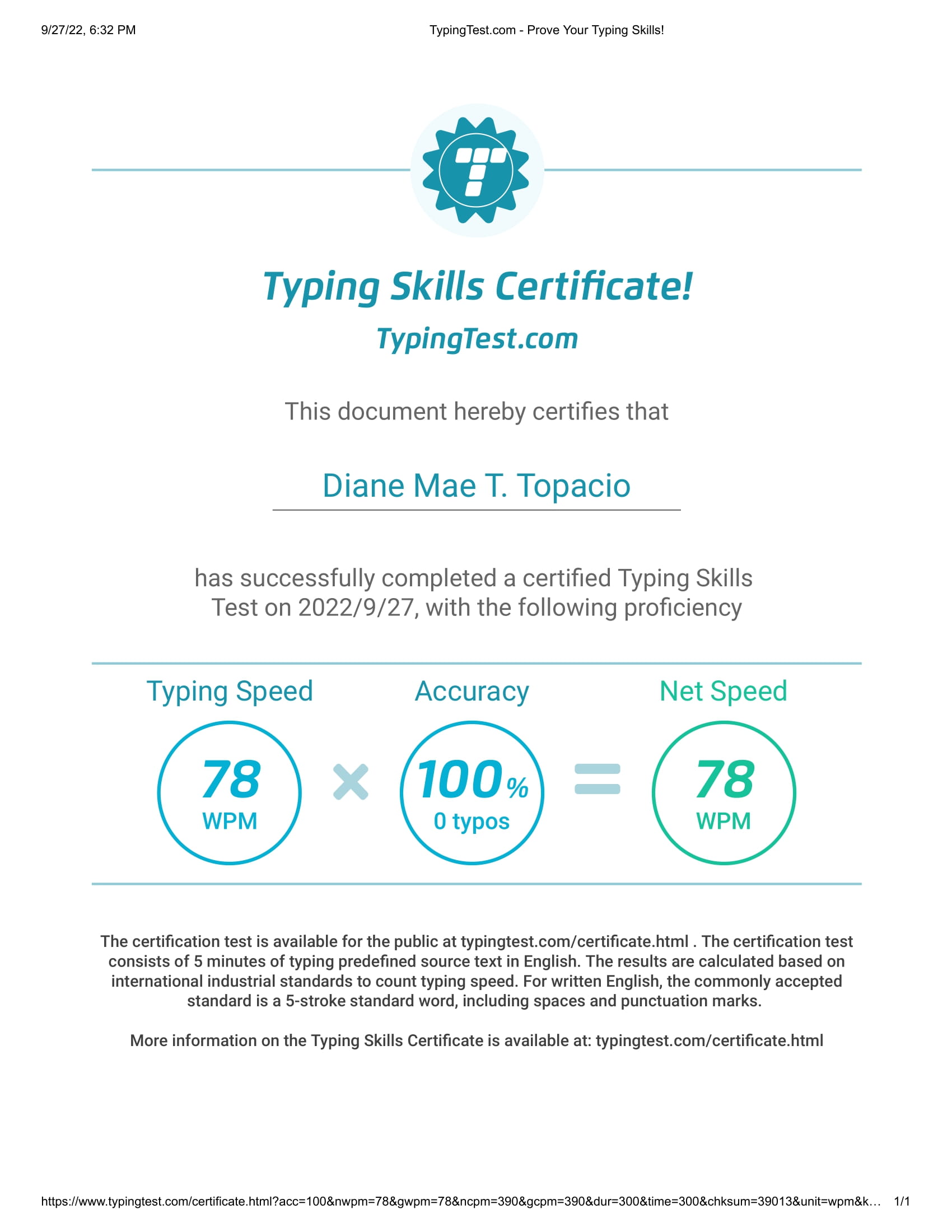 Typing Test Certificate