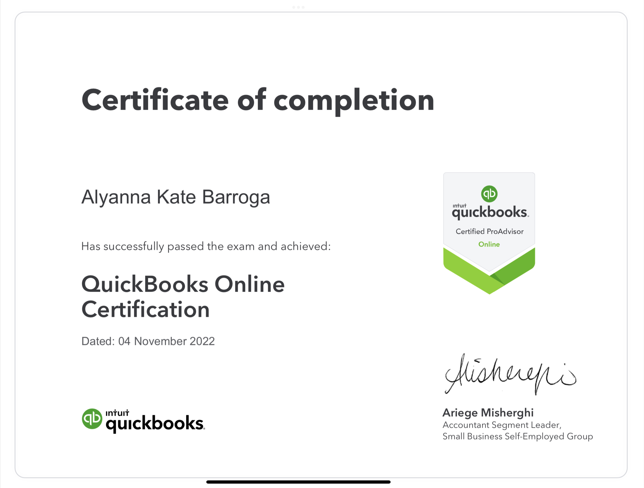 QuickBooks ProAdvisor Certificate