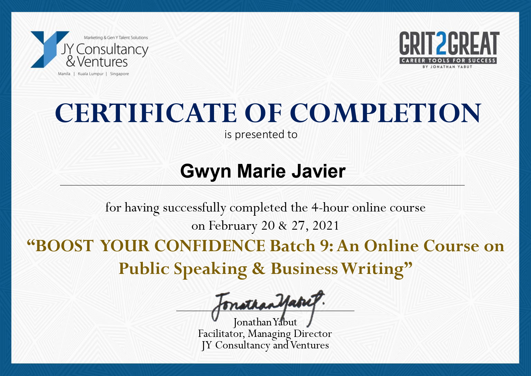 Boost Your Confidence Certificate