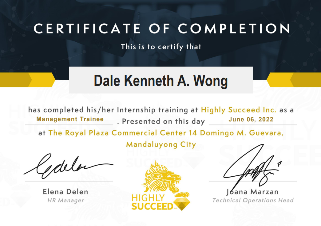 Certificate Of Completion in Highly Succeed Inc. as a Management Trainee