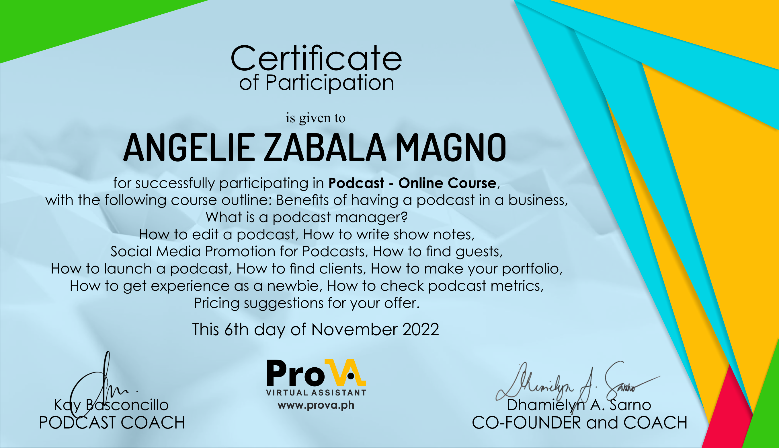 Angie-Podcast Certificate
