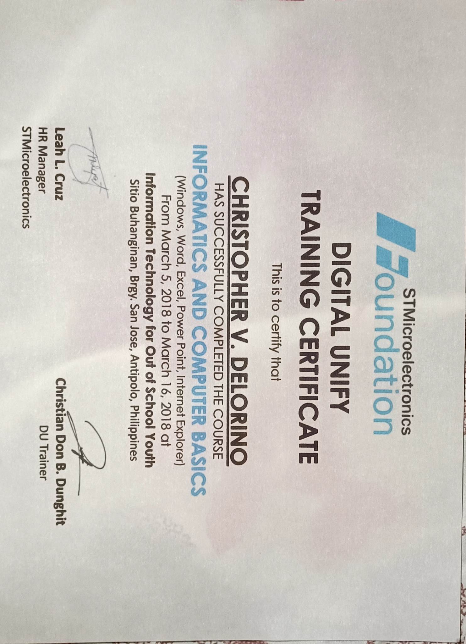 DIGITAL UNIFY TRAINING CERTIFICATE