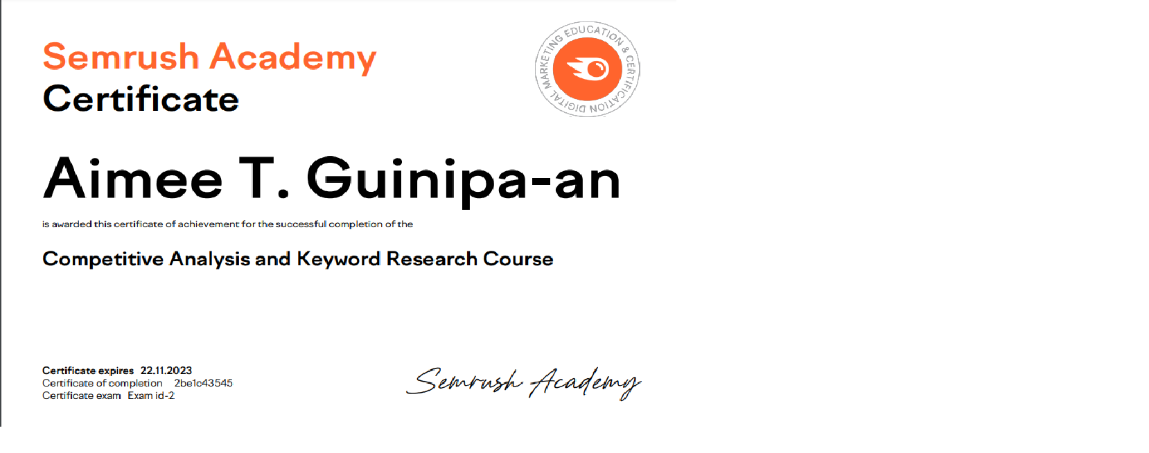 Semrush Academy -Competitive Analysis and Keyword Research Course