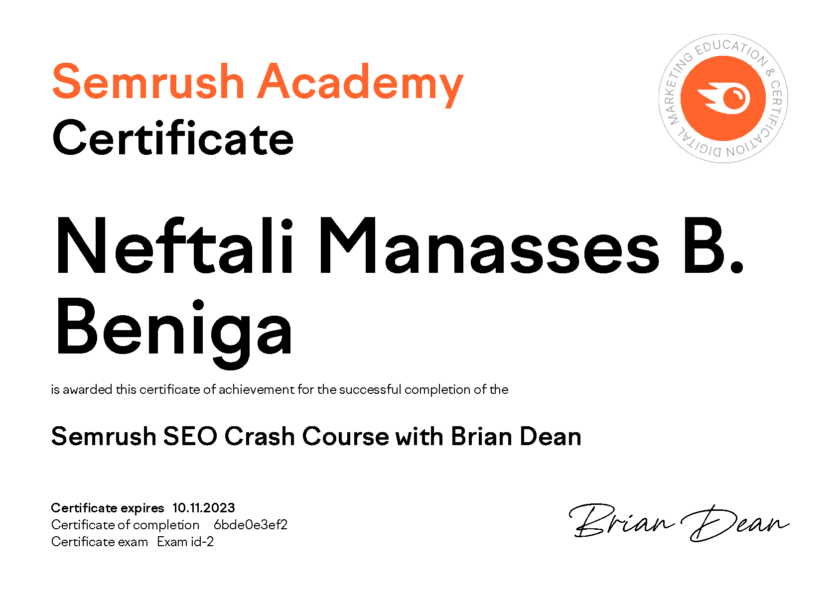 SEMRush Academy Certificate