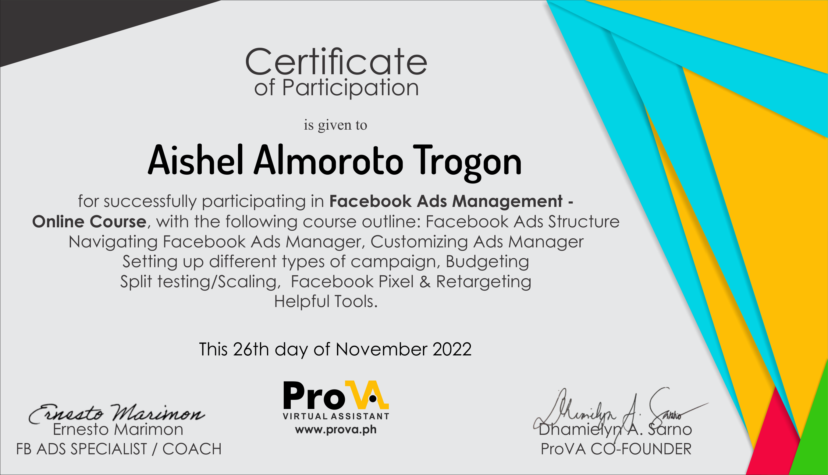 FB ADS Training Certificate