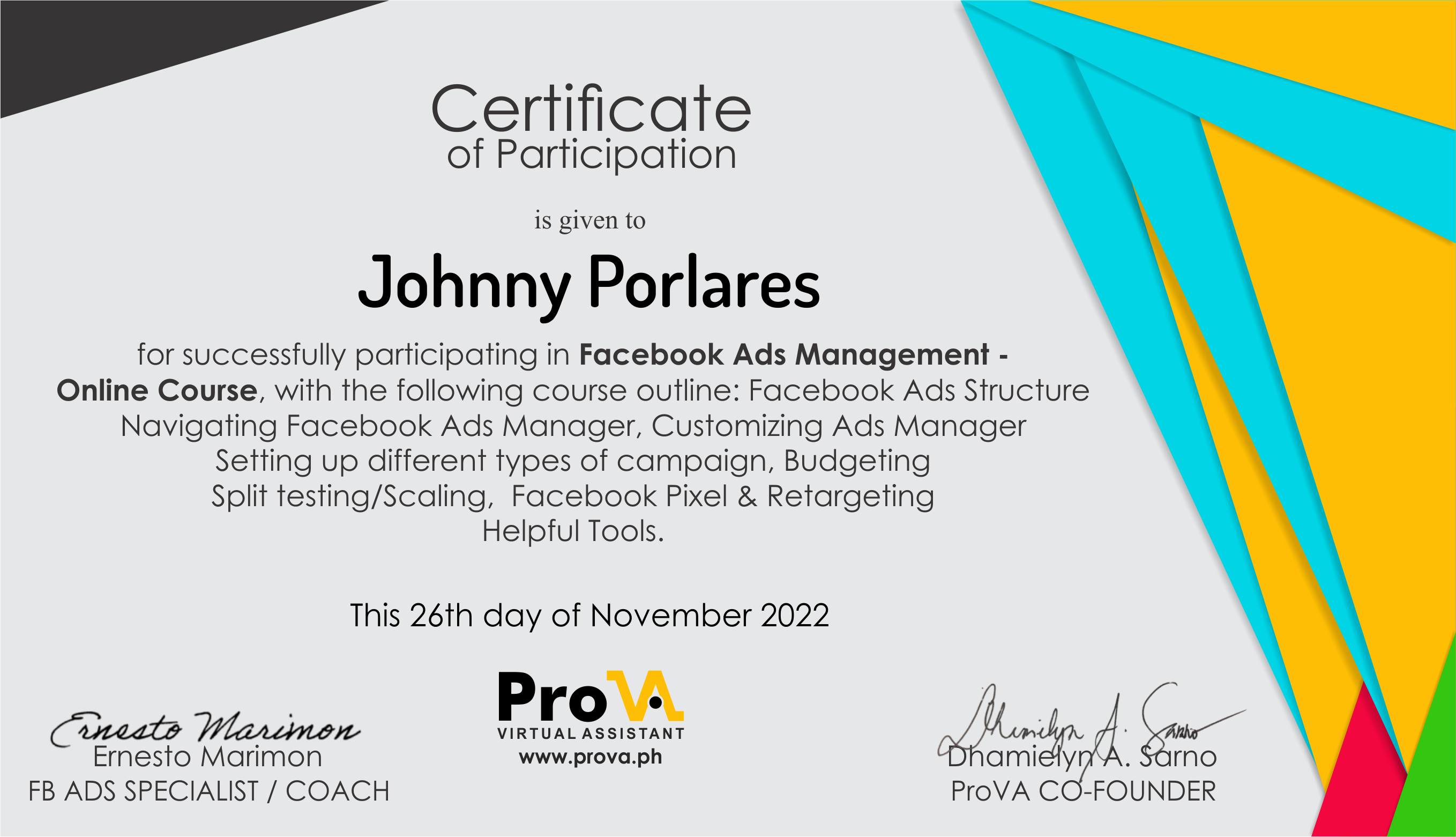 Certificate of Particiapation for FB ADS