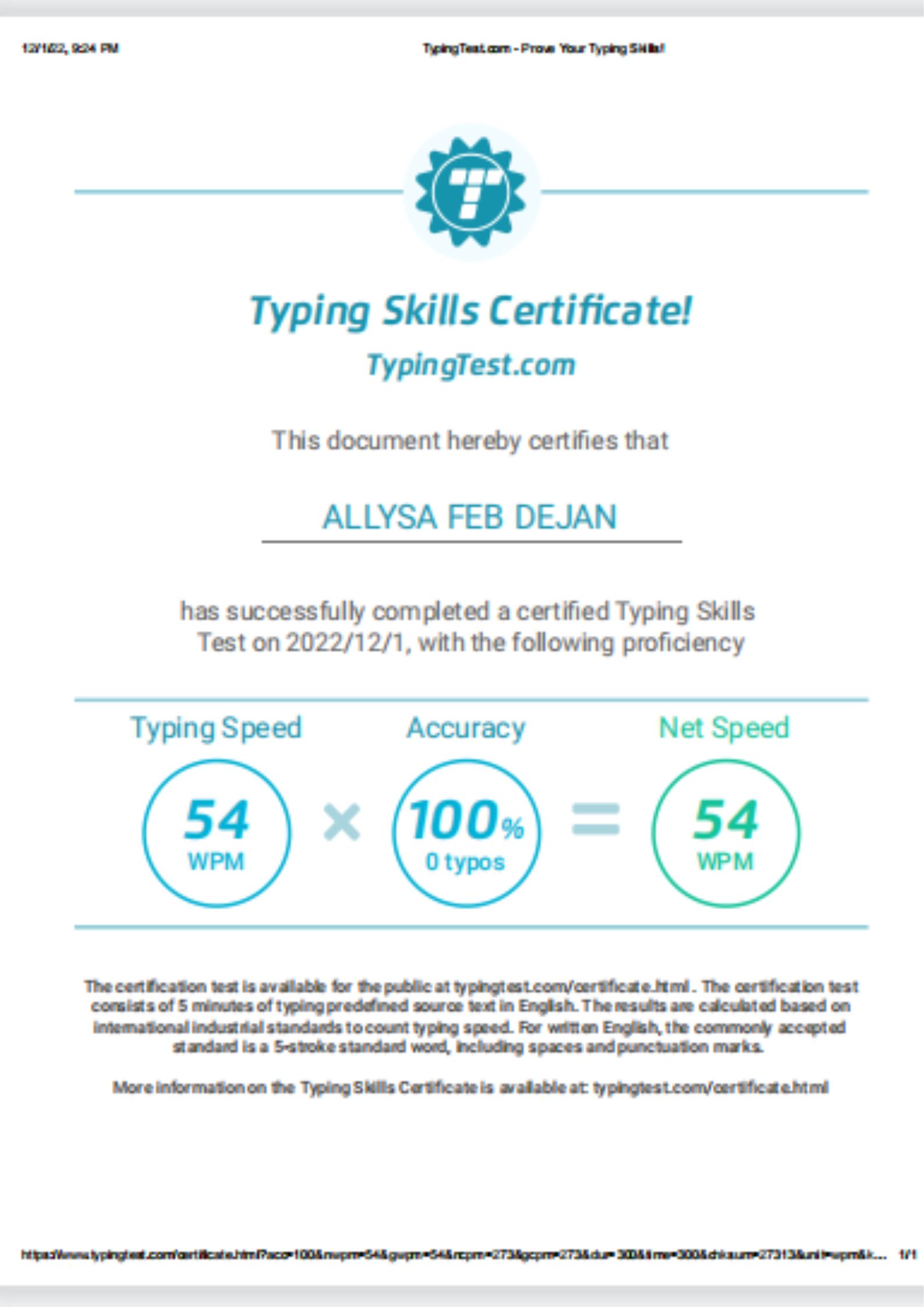 Certificate of Typing Test