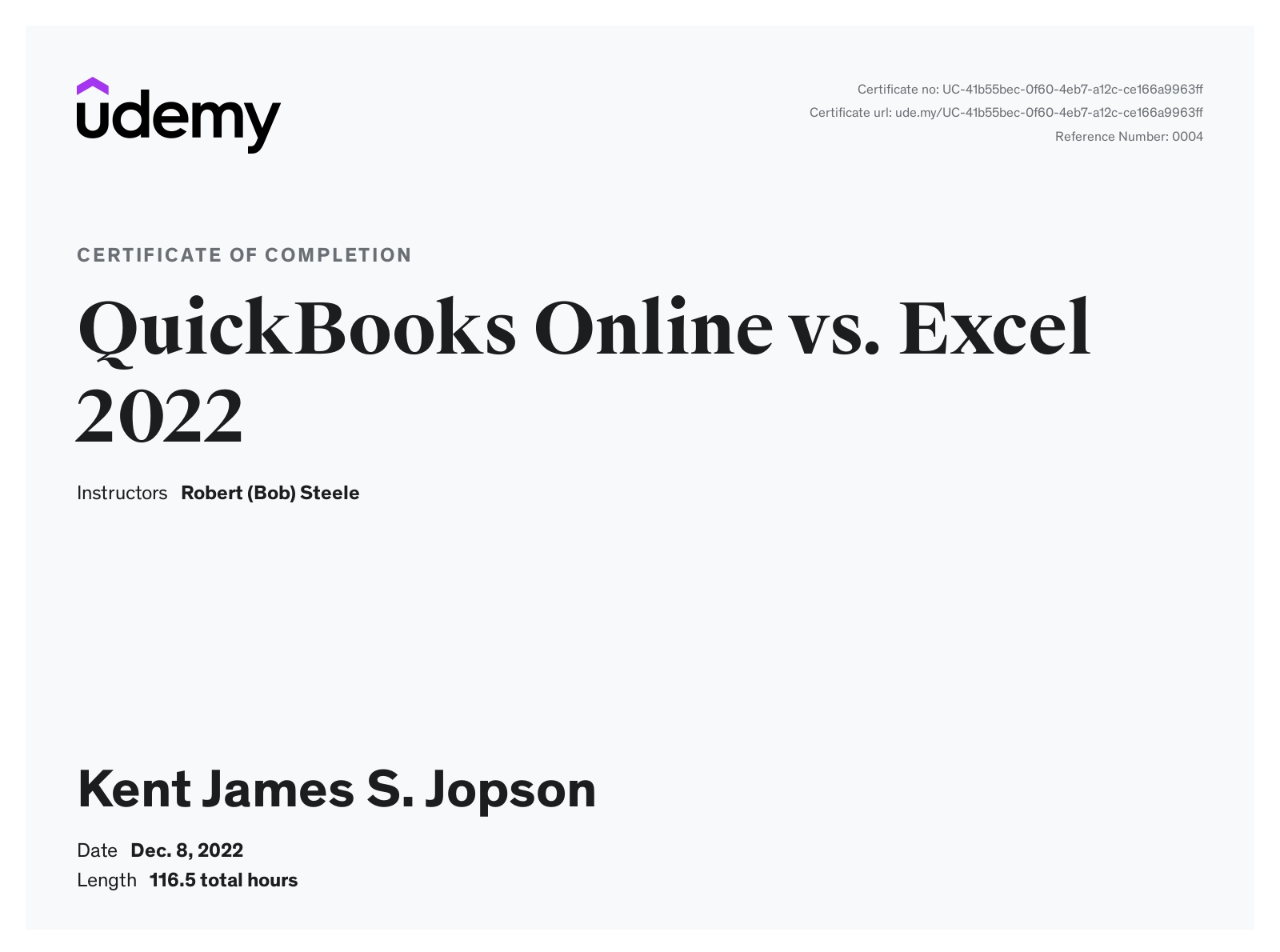 QuickBooks vs. Excel 2022 Certificate of Completion by Udemy