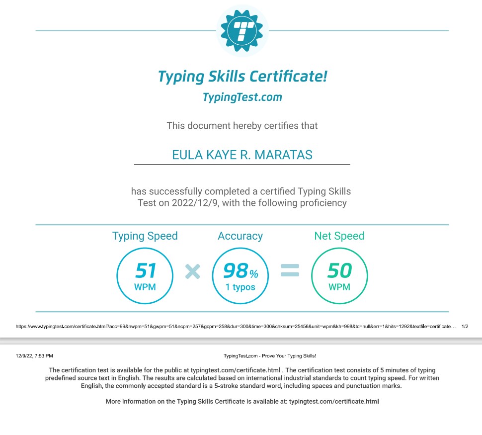 Typing Test Certificate