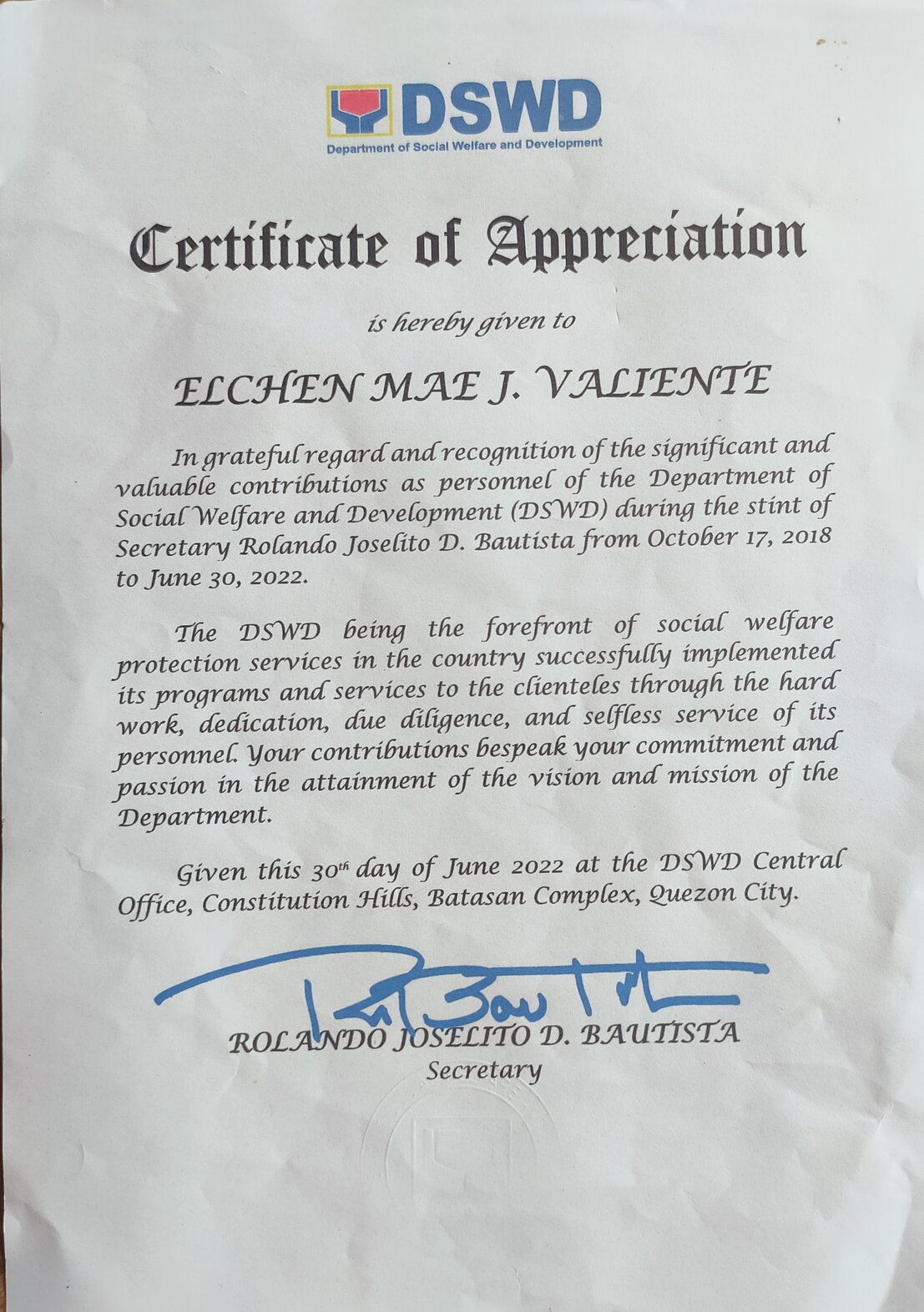 Certificate of Appreciation from Employer