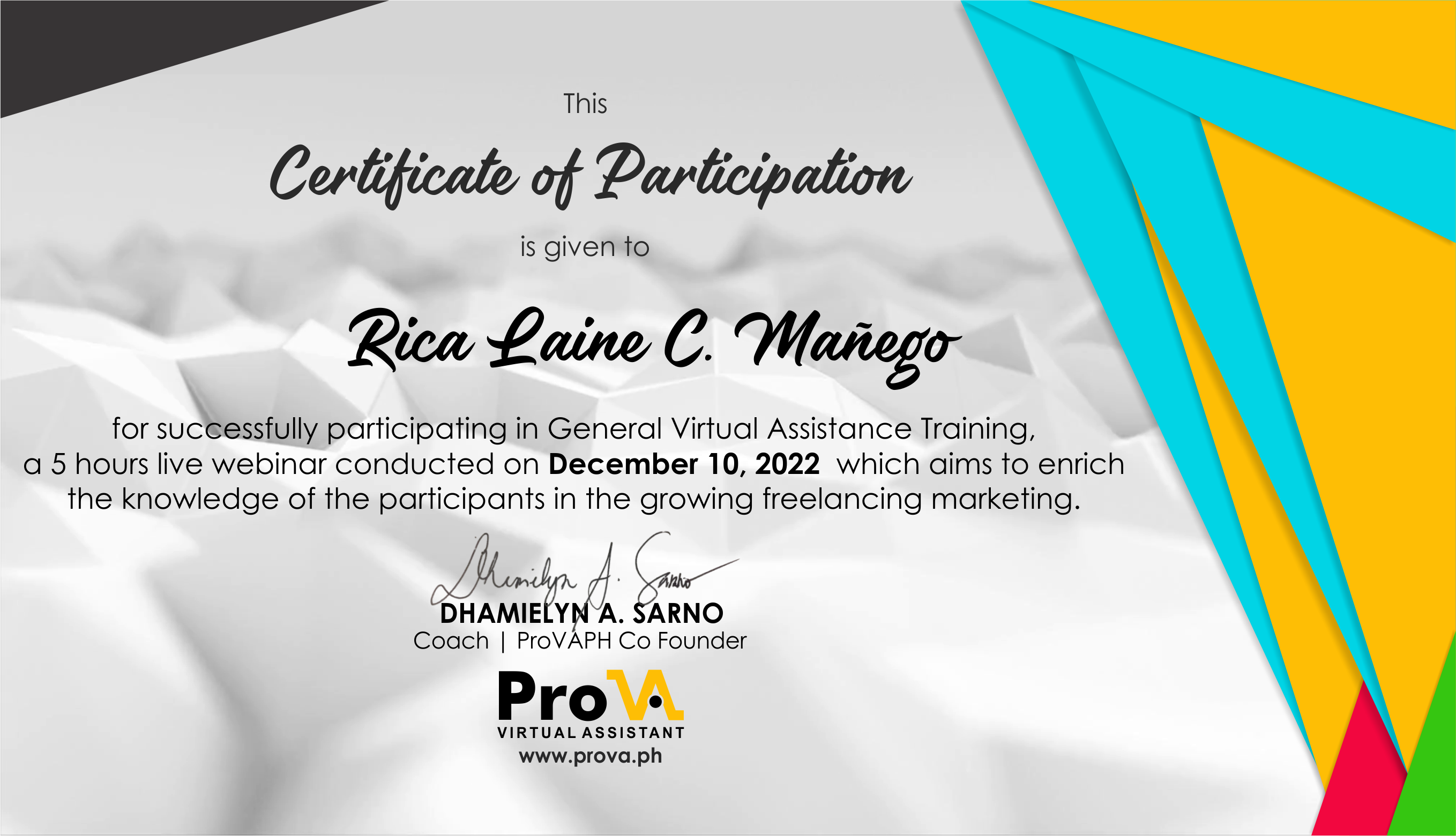 Certificate of Participation - General Virtual Assistant