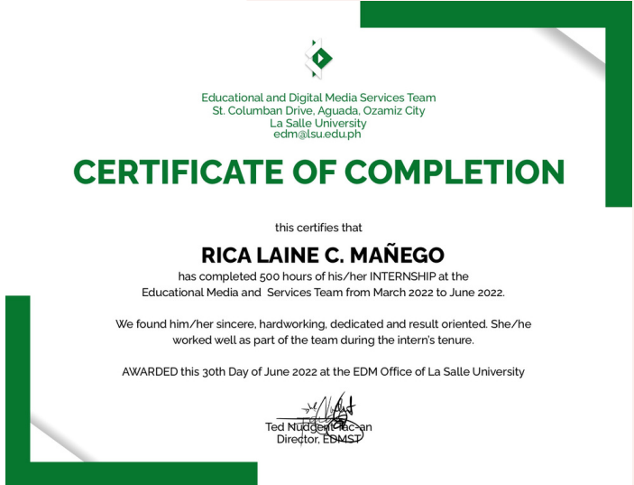 Certificate of Completion - Internship