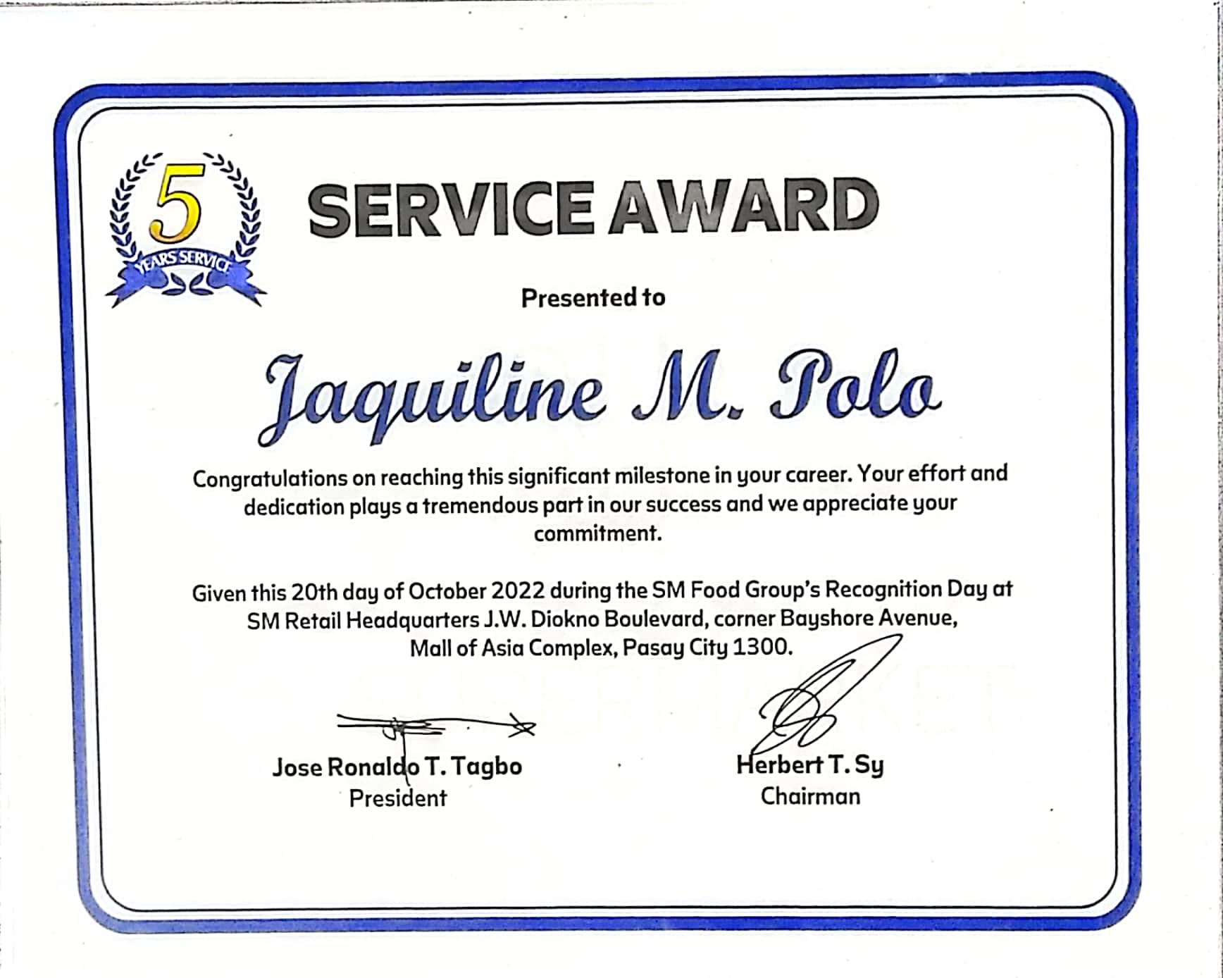 SERVICE AWARDEE