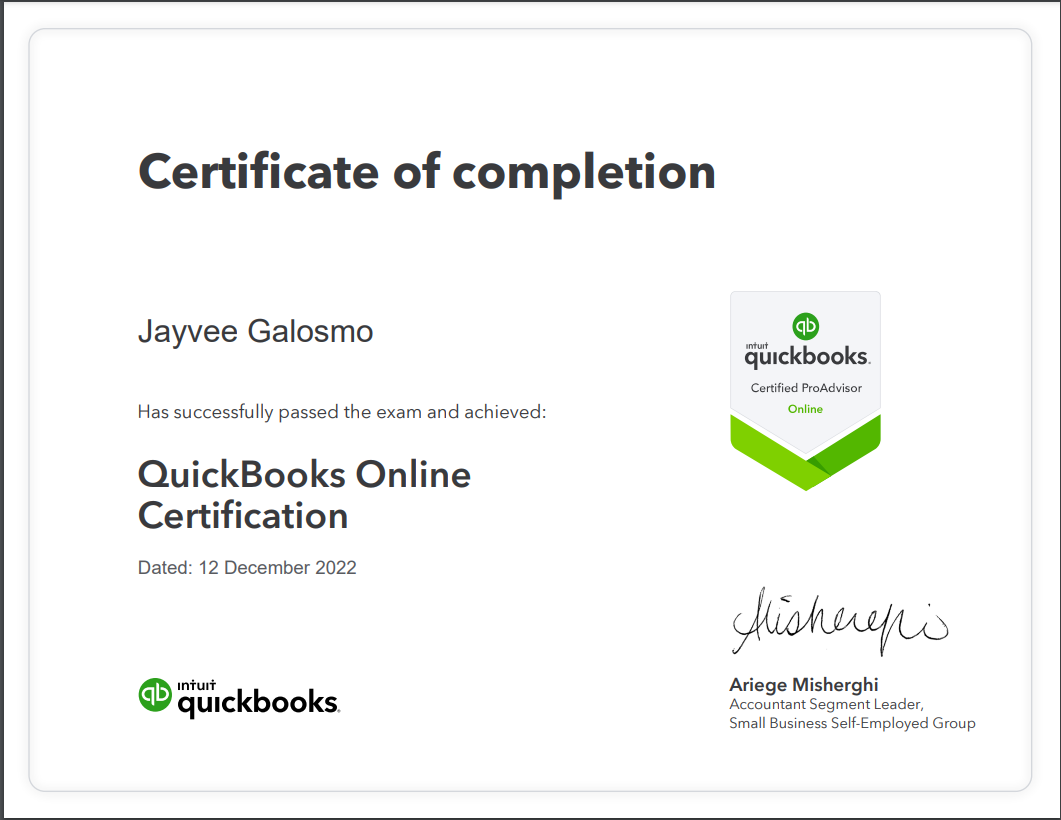 QuickBooks Pro Advisor Certificate