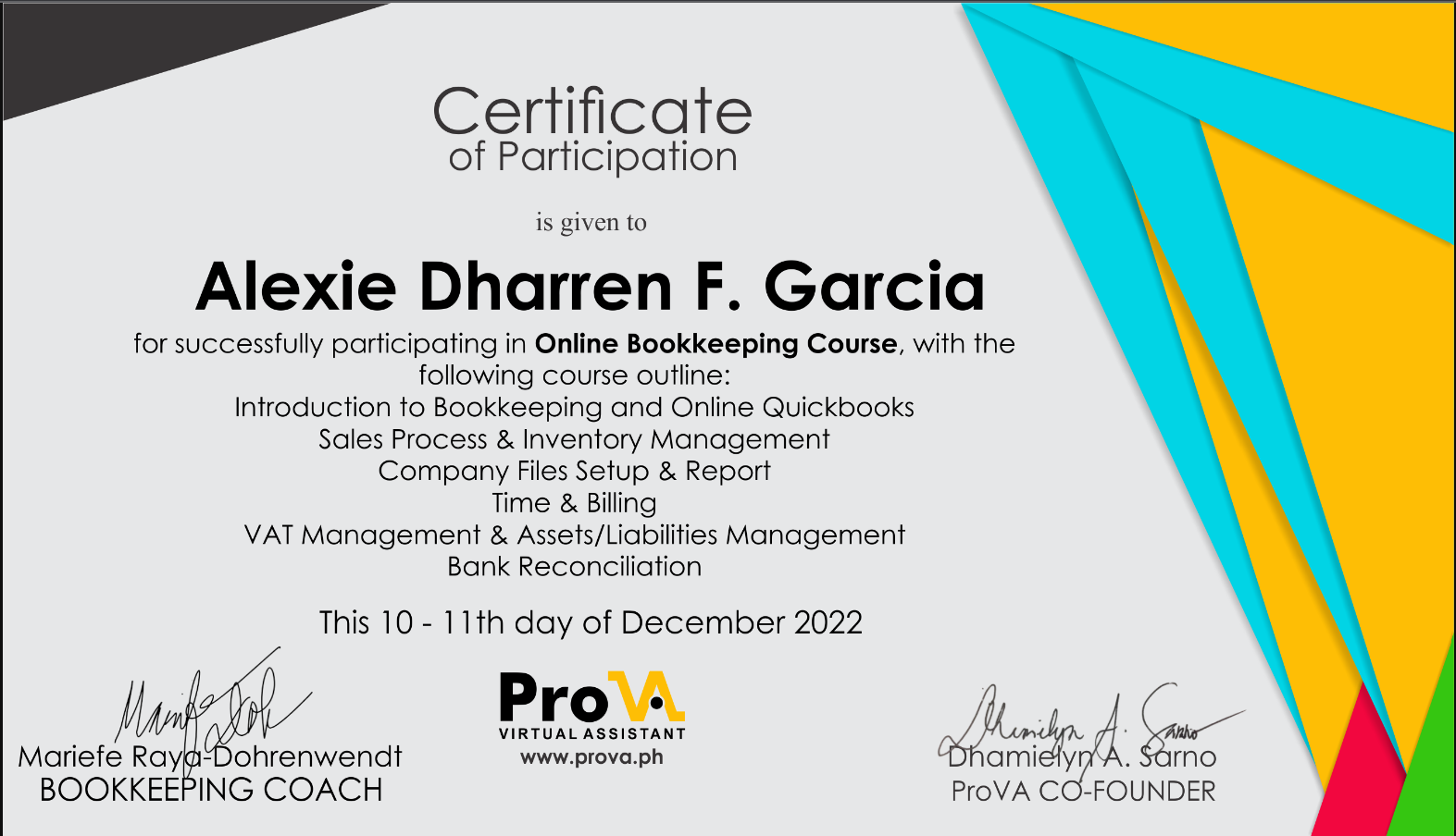 Certificate-Online Bookkeeping