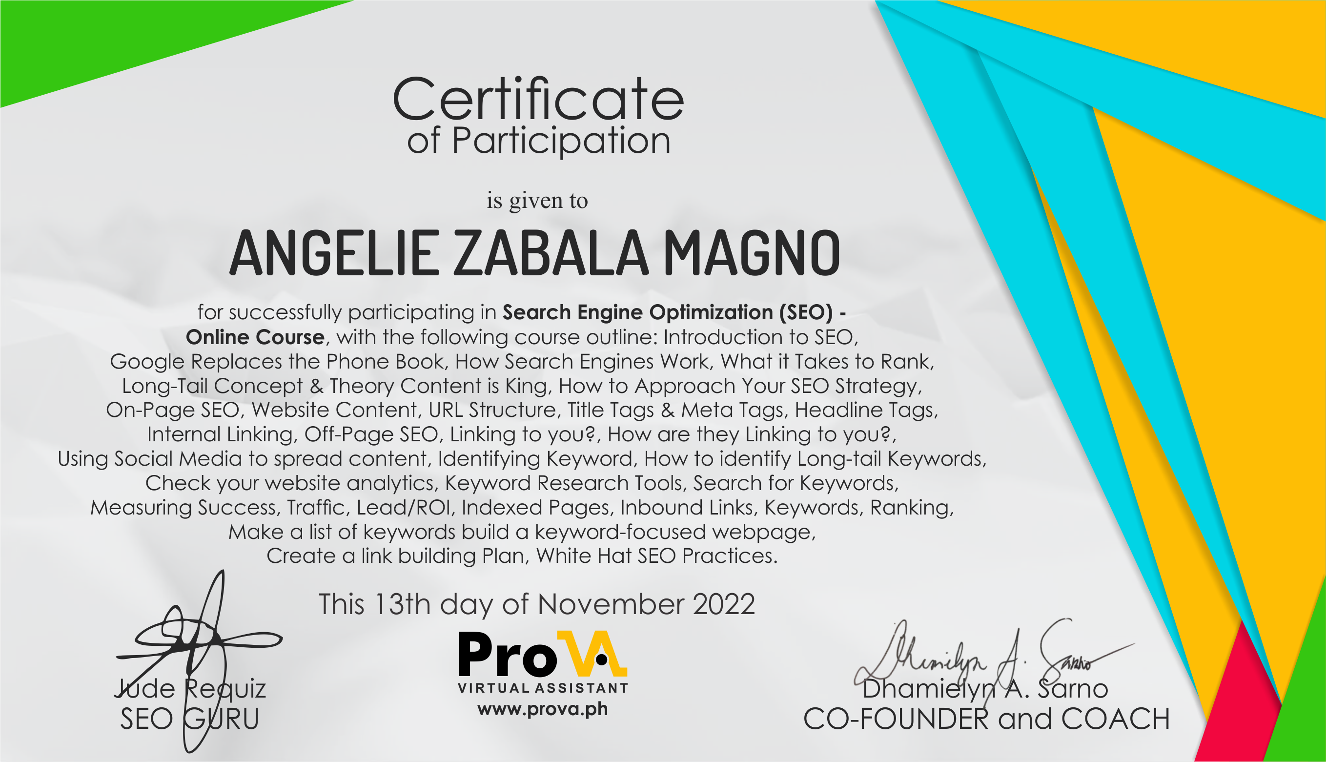 Angie-SEO Certificate