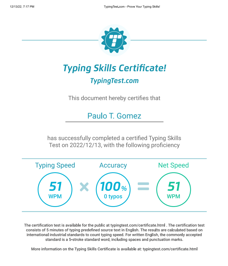 Typing Test Certificate