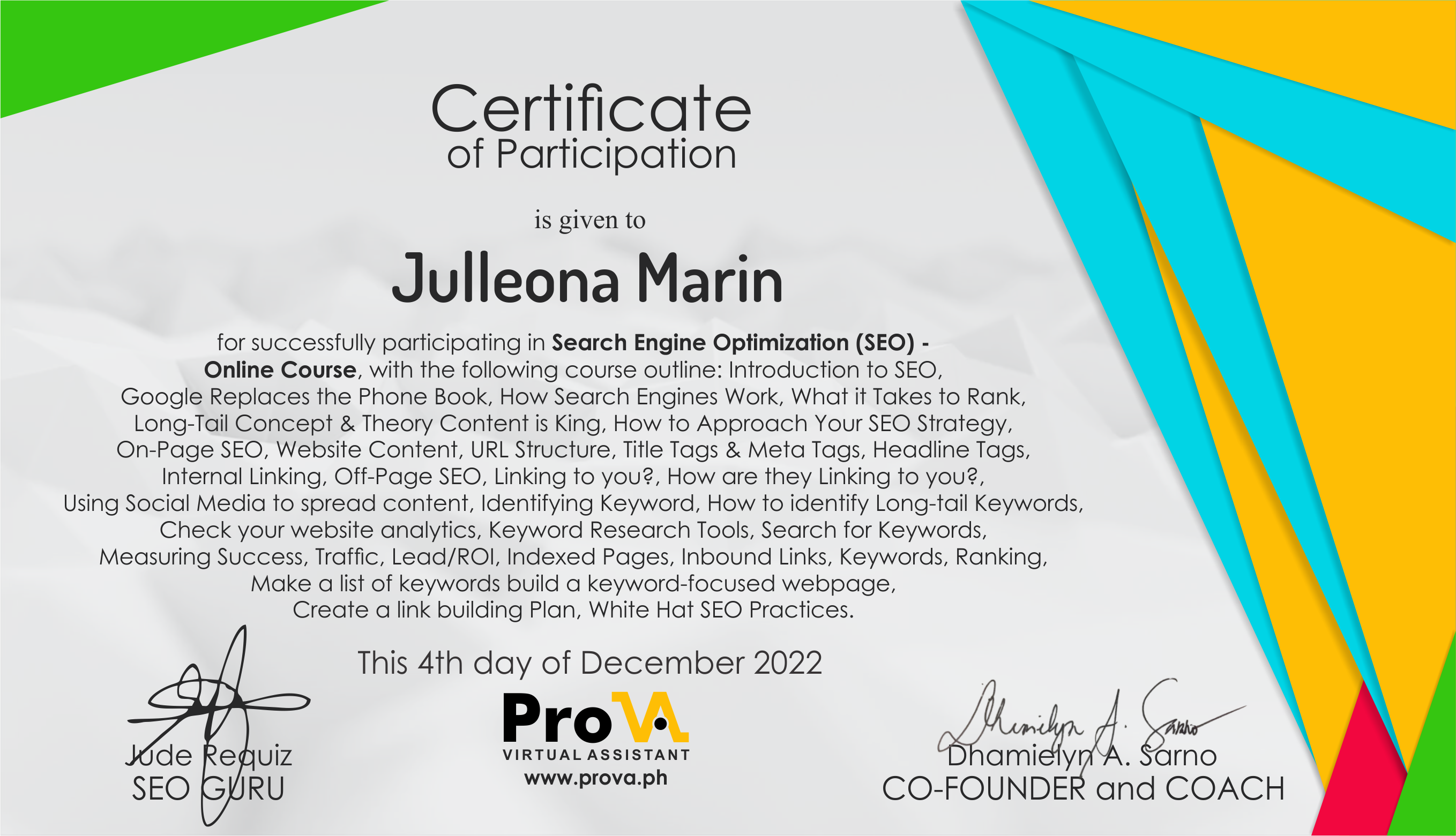 SEO In Depth Training Certificate