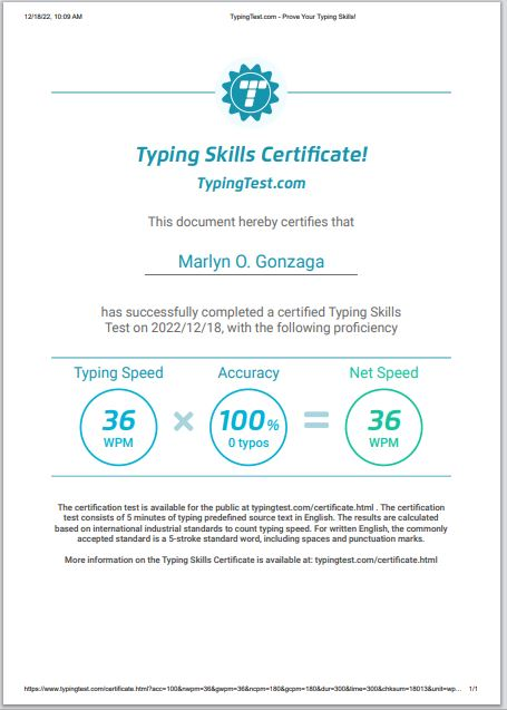 5 minute Typing Skills Certificate