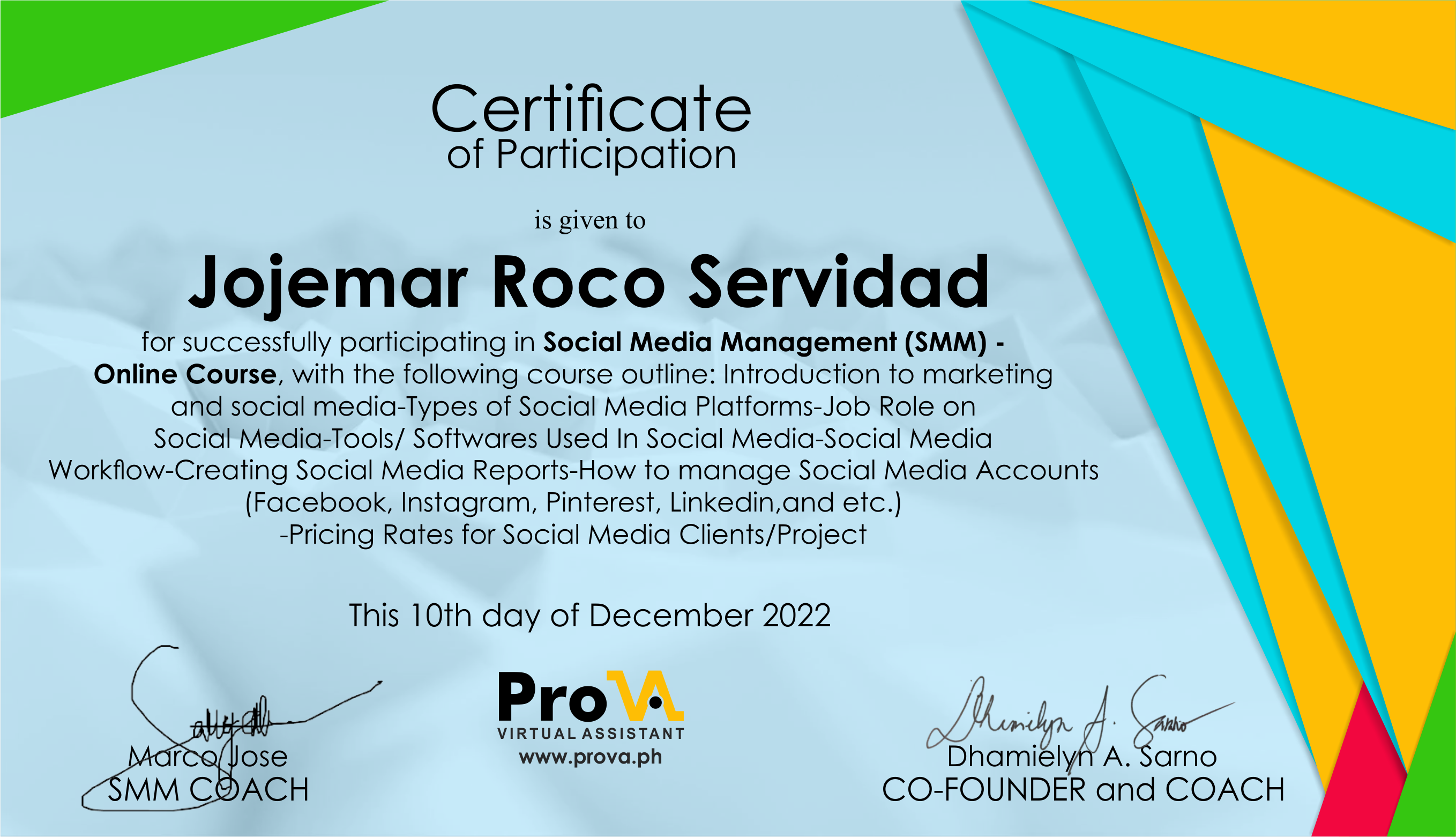 My ProVA Certificate