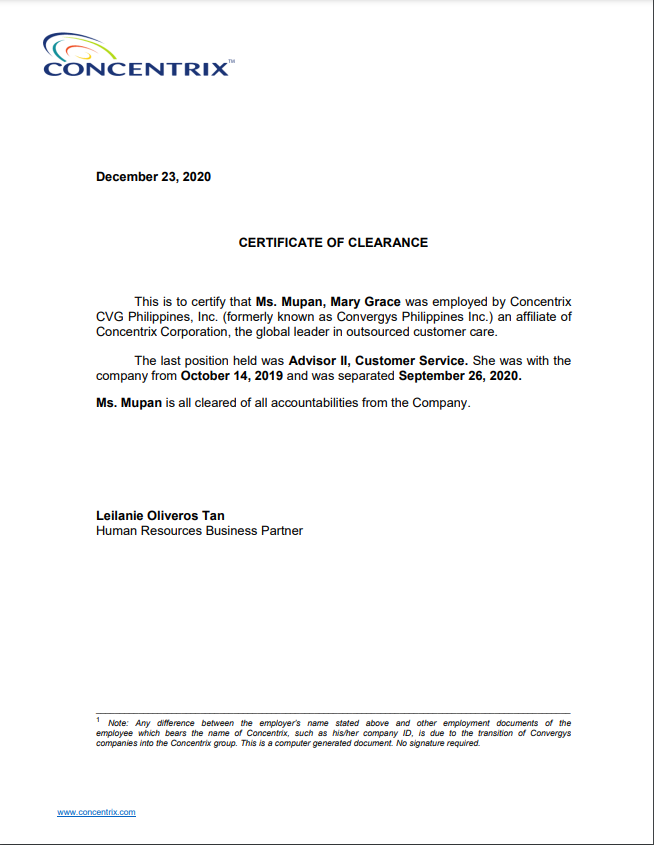 Certificate of Employment