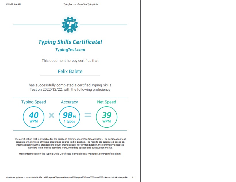 CERTIFICATION FOR TYPING