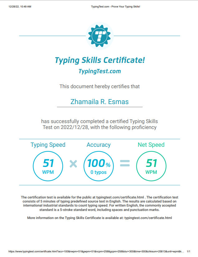 Typing  Skills Certificate