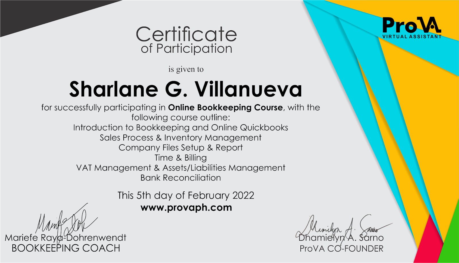 Online Bookkeeping Course Certificate