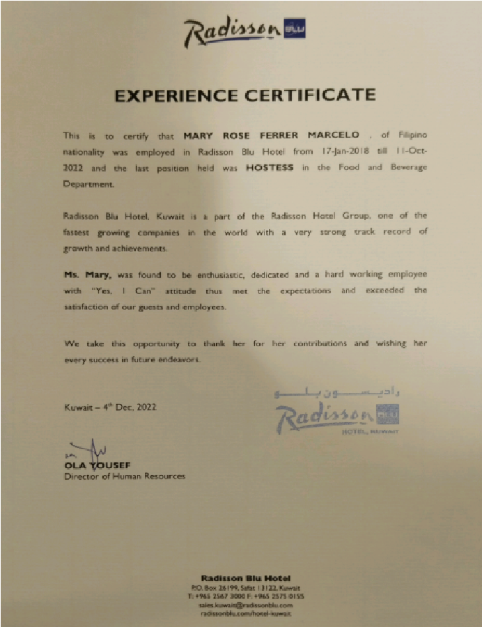 Experience Certificate