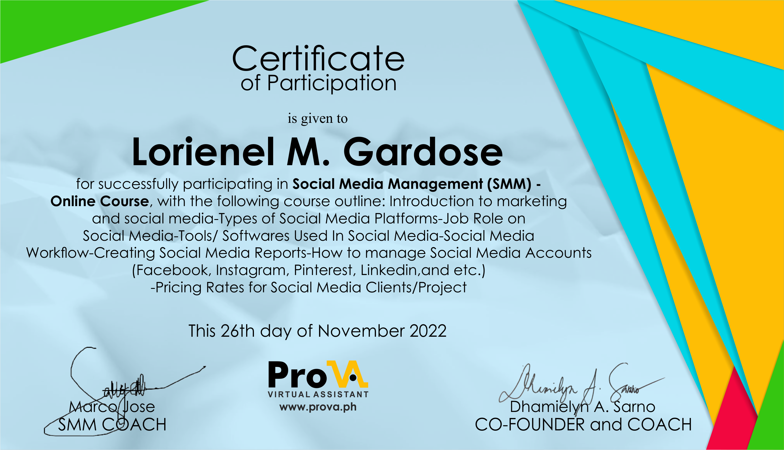 PRO VA SMM Certificate