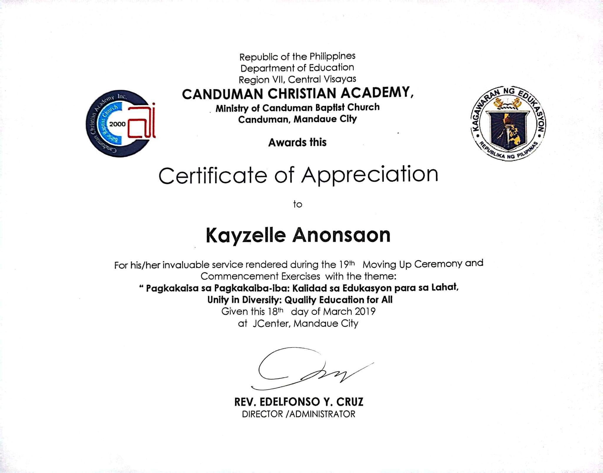 Certificate of Appreciation