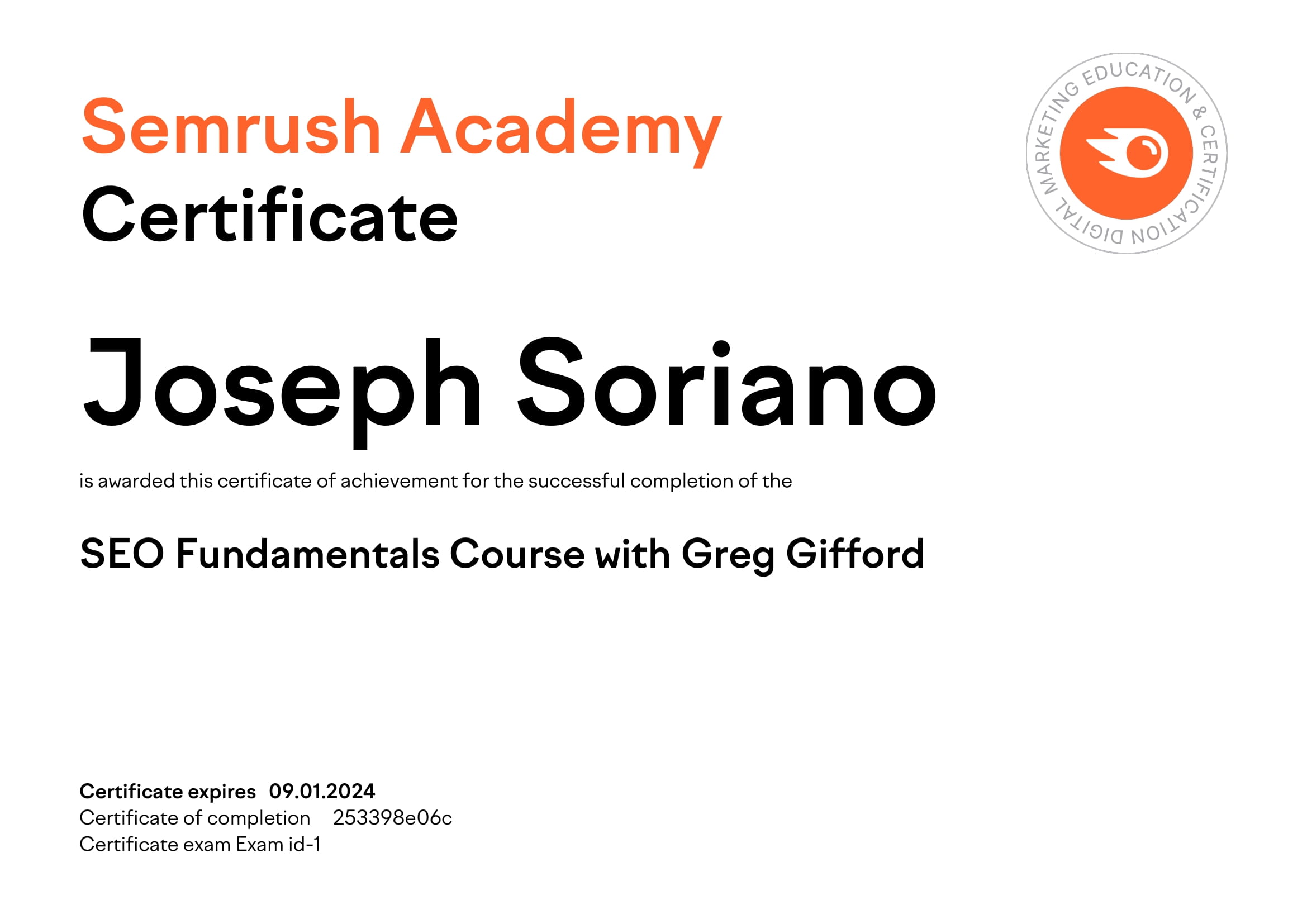 Semrush Academy Certificate