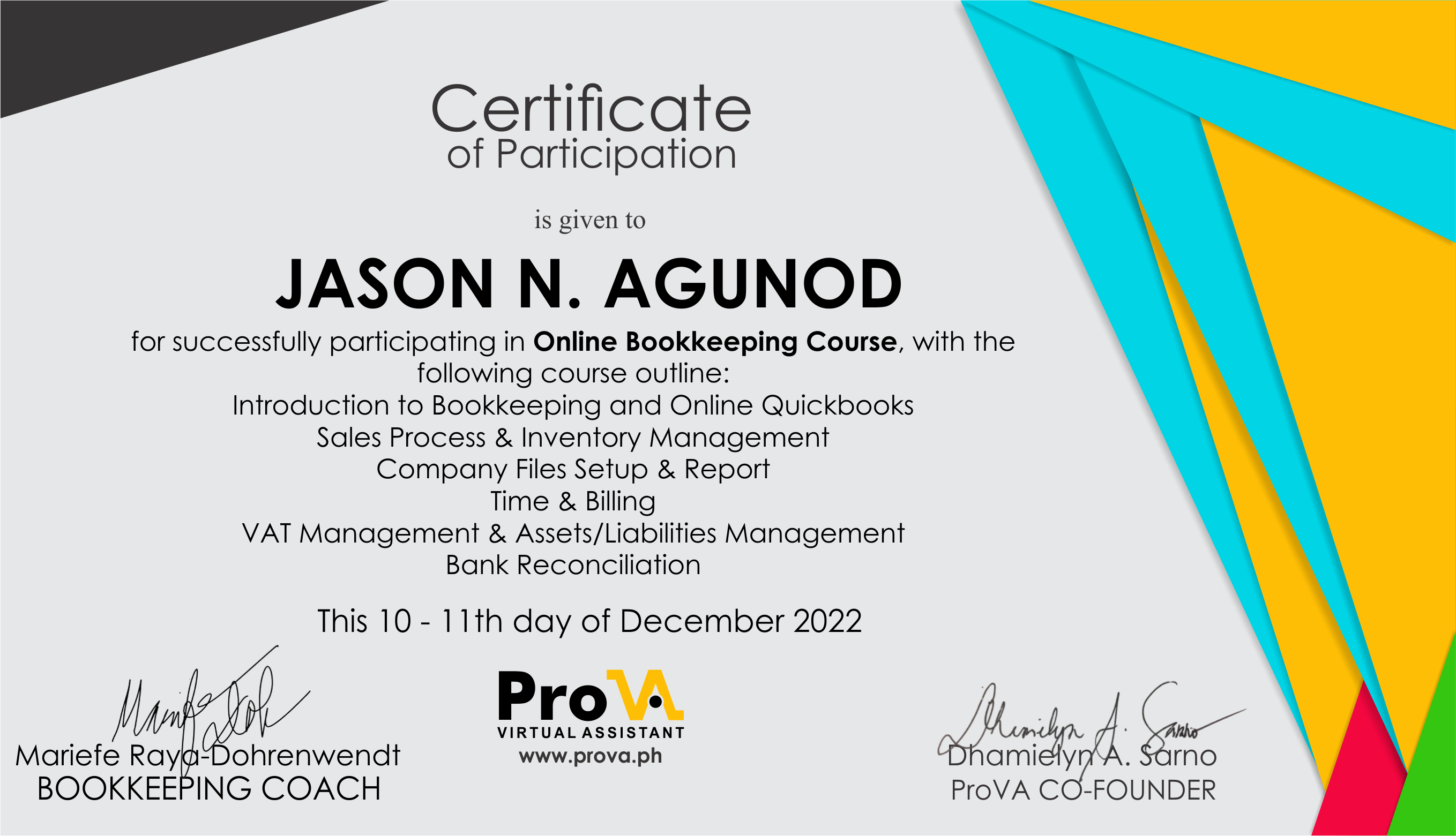 Online Bookkeping course Certificate
