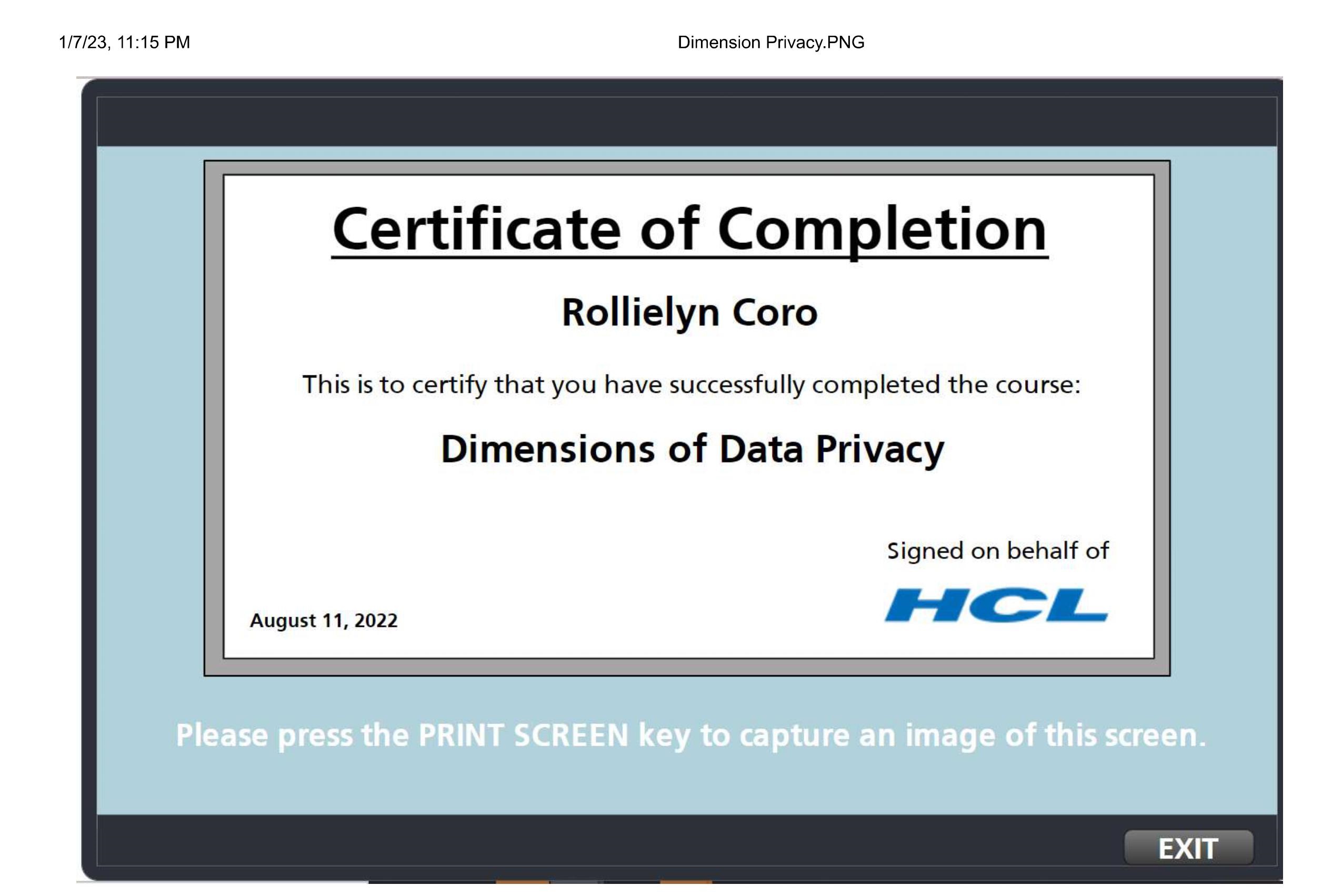 Dimension of Data Privacy Certificate